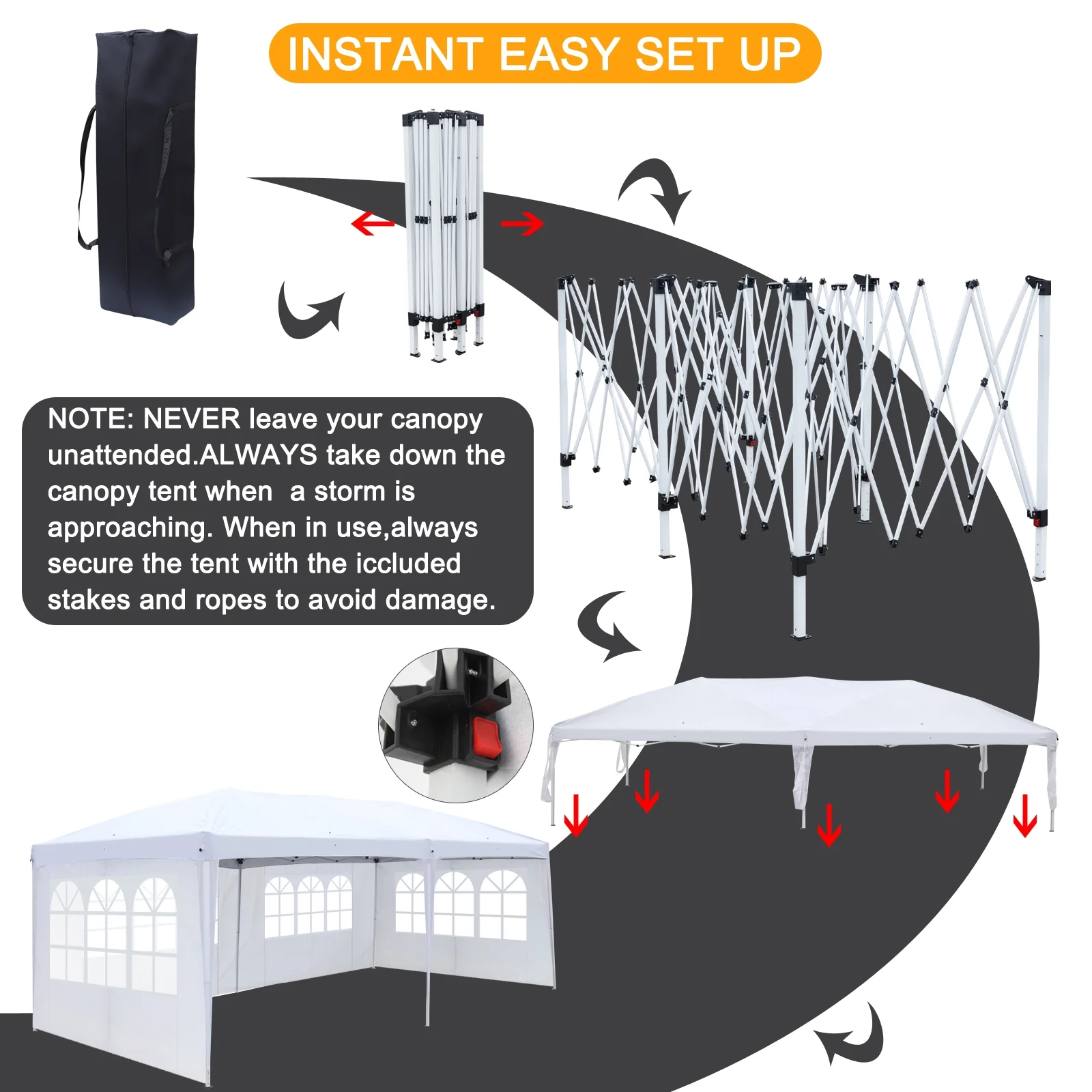 UBesGoo Canopy 10'x20' Ez POP up Wedding Party Tent Folding Gazebo Beach Canopy W/6 carry Bag (White)