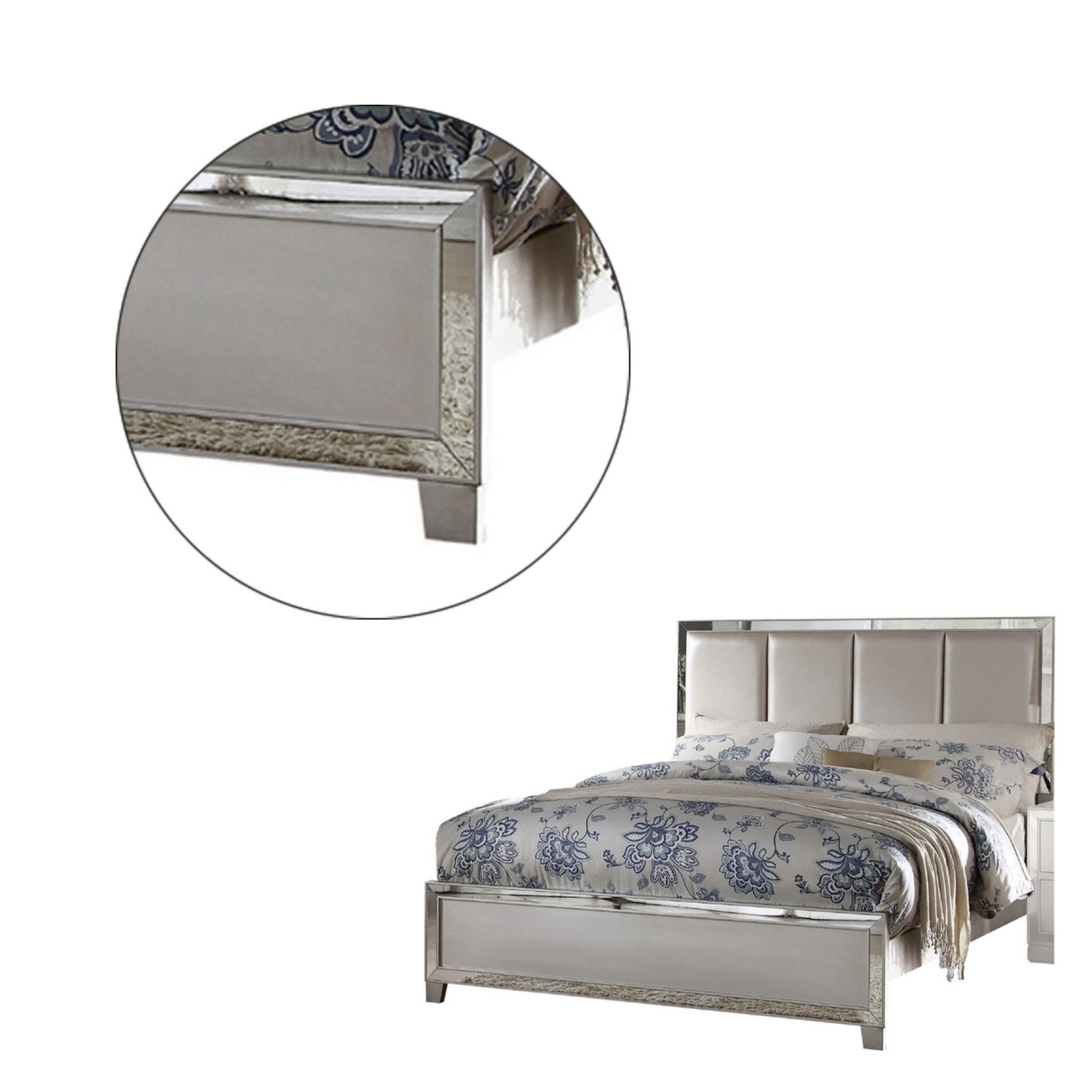Mirror Inlay Wooden Eastern King Bed with Channel Tufted Headboard, Silver- Saltoro Sherpi