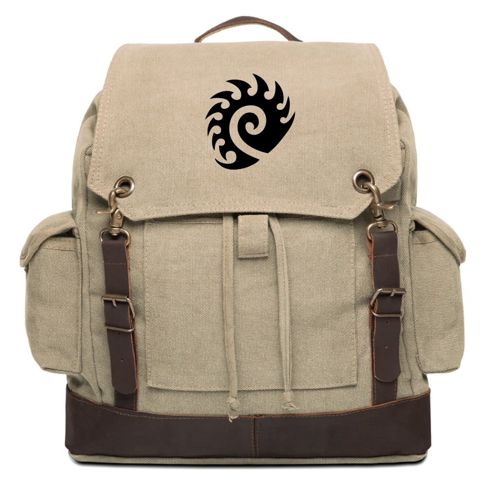 Starcraft Zerg Vintage Canvas Rucksack Backpack with Leather Straps, Khaki & Bk