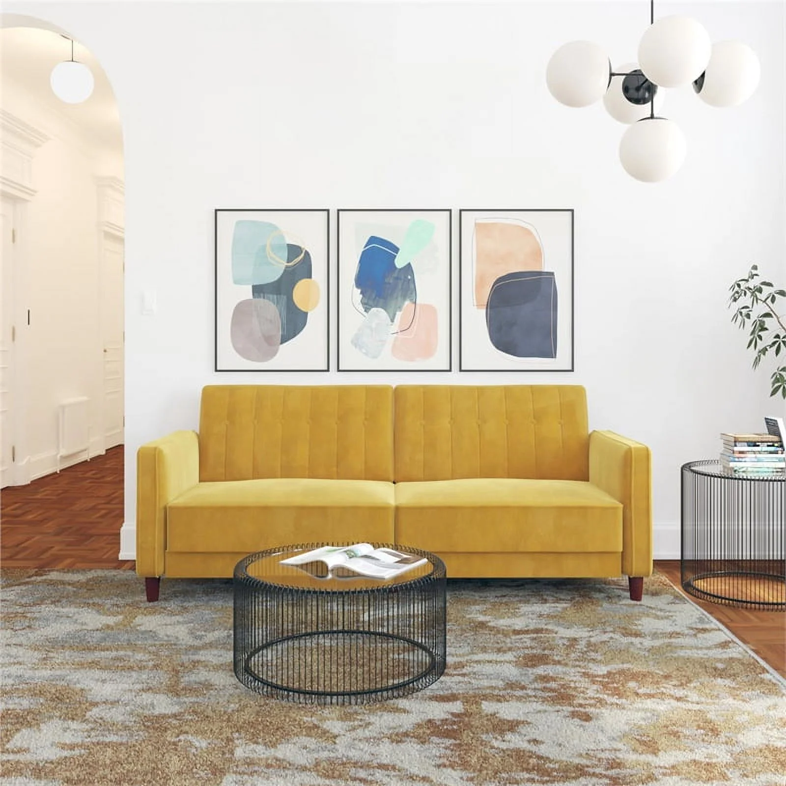 DHP Ivana Mid-Century Wood Tufted Transitional Velvet Futon in Mustard Yellow