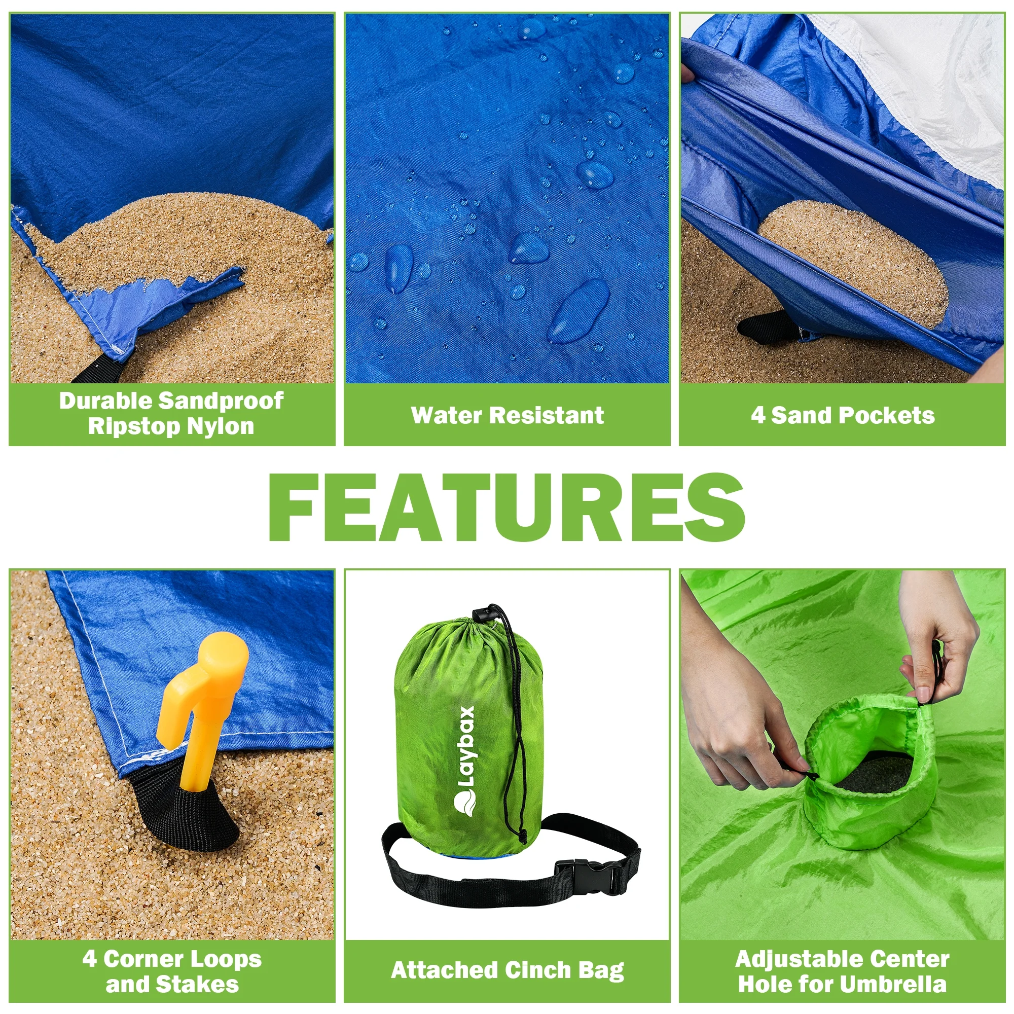 Laybax 9x10 Foot Green Beach Blanket with Retractable Umbrella Hole, Sand Pocket, and Stakes