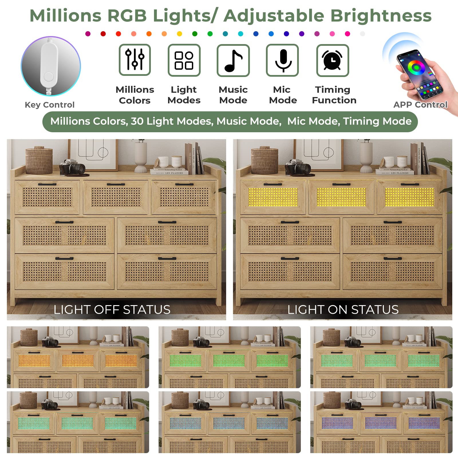 7 Drawer Dressers for Bedroom with Led Lights,Natural Rattan Chests of Drawers for Living Room Hallway Entryway