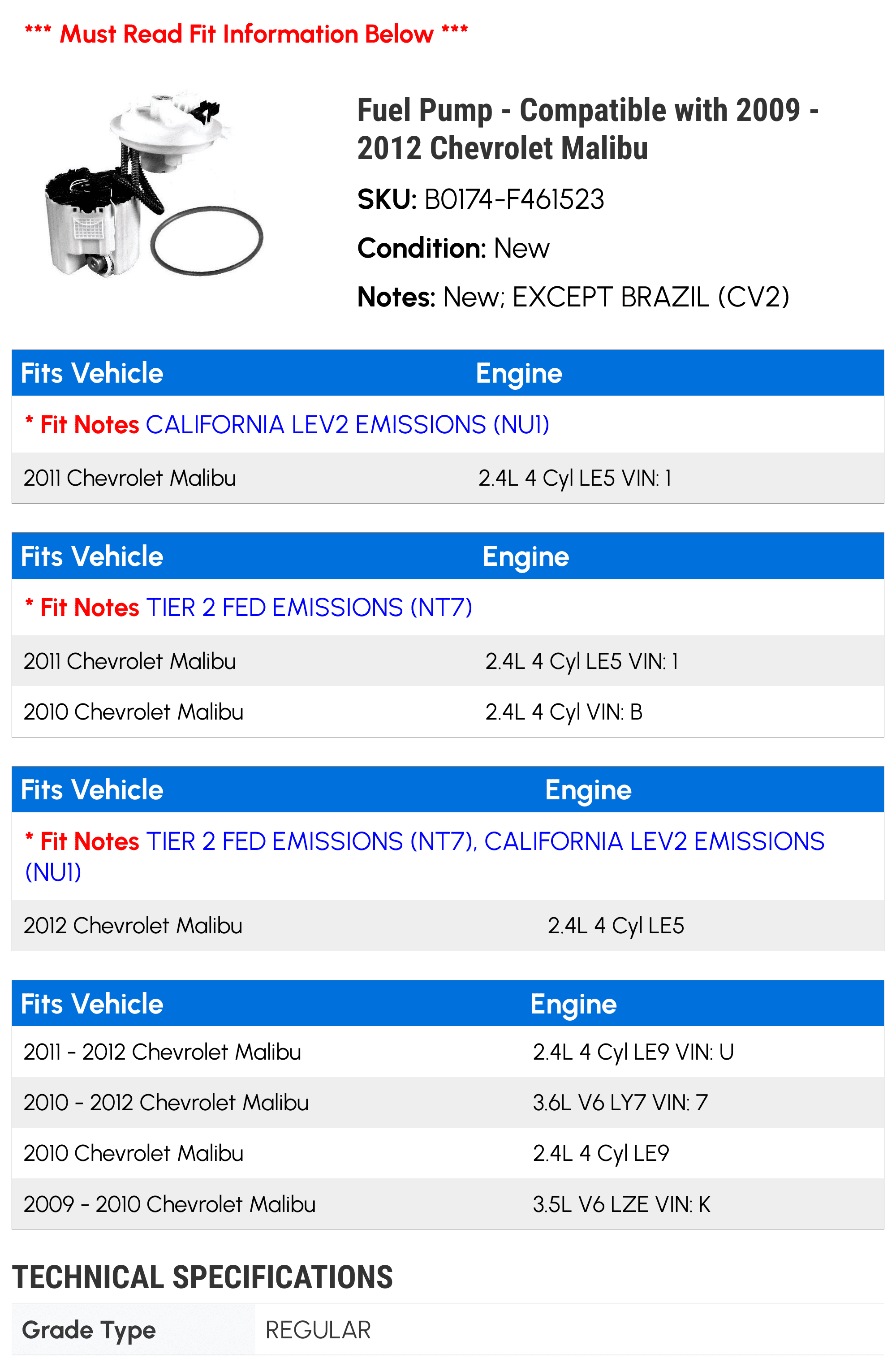 Fuel Pump - Compatible with 2009 - 2012 Chevy Malibu 2010 2011