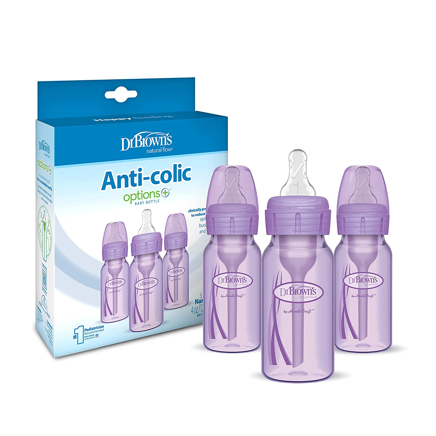 Dr. Brown’s Natural Flow® Anti-Colic Options+™ Narrow Baby Bottles 4 oz/120 mL, with Level 1 Slow Flow Nipple, 3 Pack, 0m+ Lavender