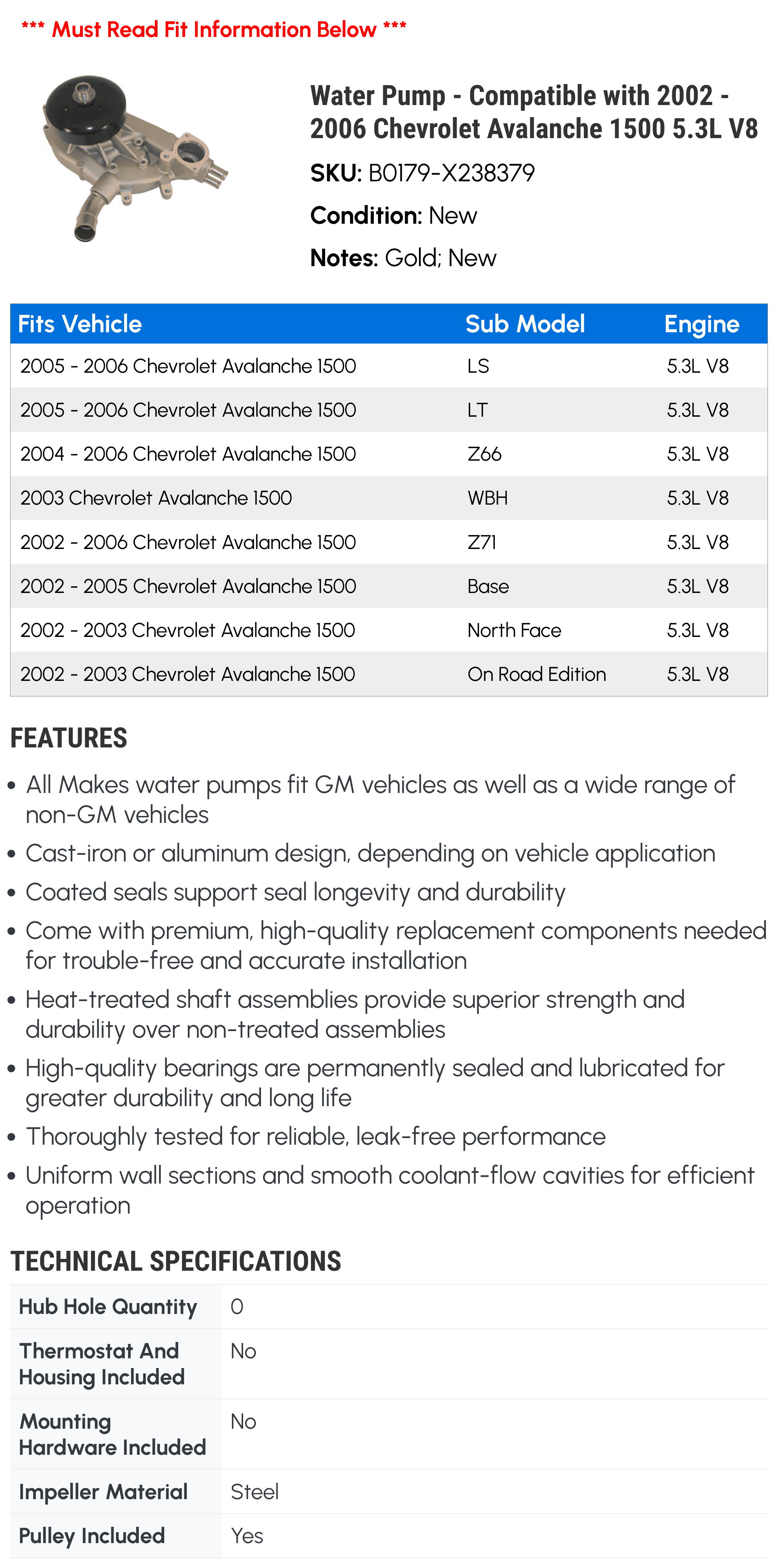 Water Pump - Compatible with 2002 - 2006 Chevy Avalanche 1500 5.3L V8 2003 2004 2005