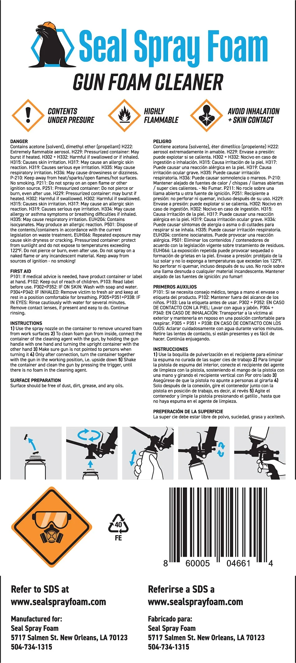 Seal Spray Foam Dispensing Gun Cleaner 15.6 OZ Can (1 Case - QTY 12 CANS)
