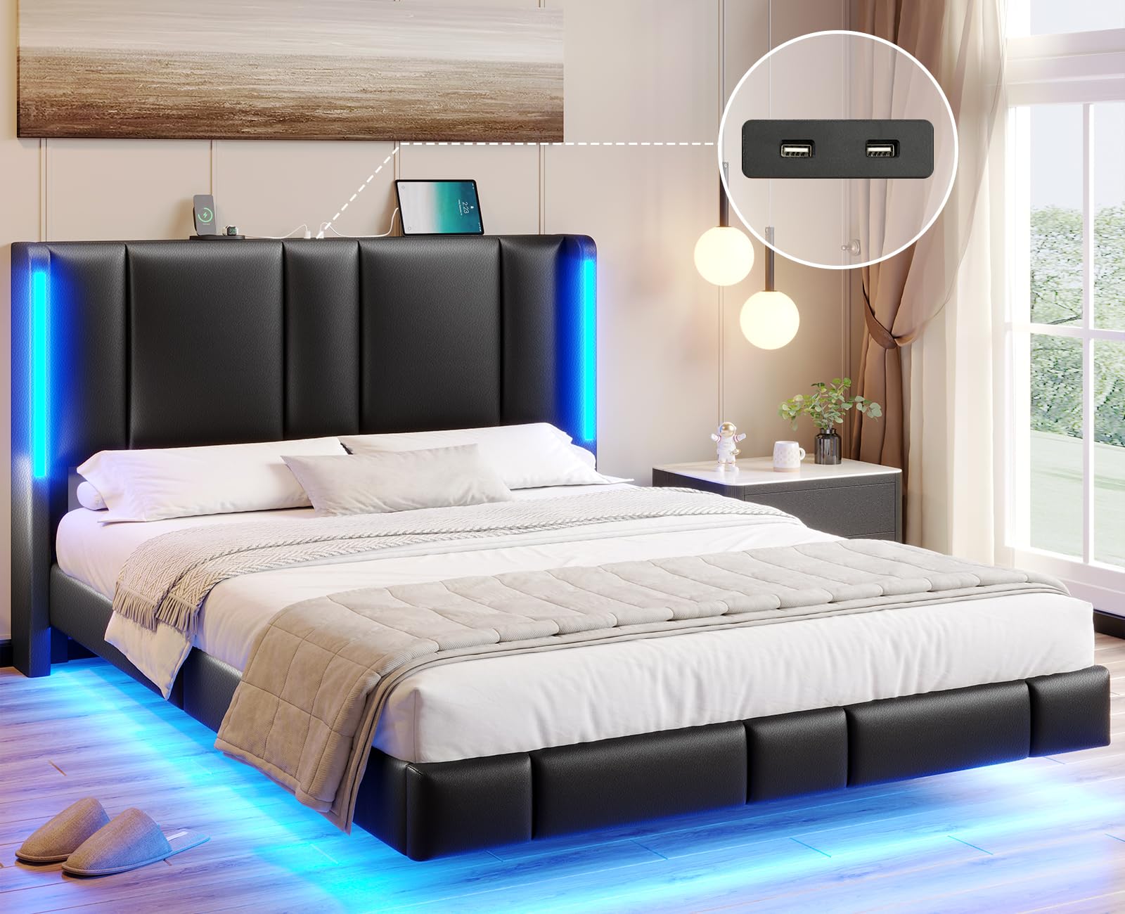Afuhokles Floating Bed Frame Full Size with LED Lights, Upholstered Platform Bed Frame with Headboard, 2 USB Ports, Visual Floating, Black