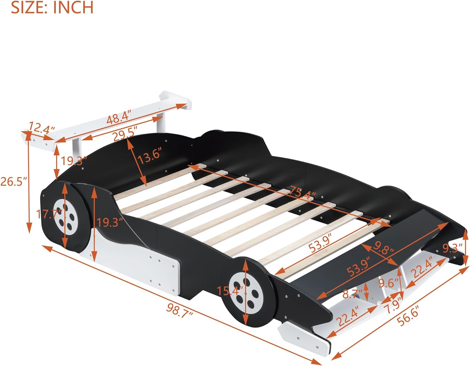 Full Size Race Car Bed With Wheels, Wood Full Size Bed For Kids, Car-Shaped Platform Full Bed With Storage Shelves For Kids,Tees, Boys Girls (Black)