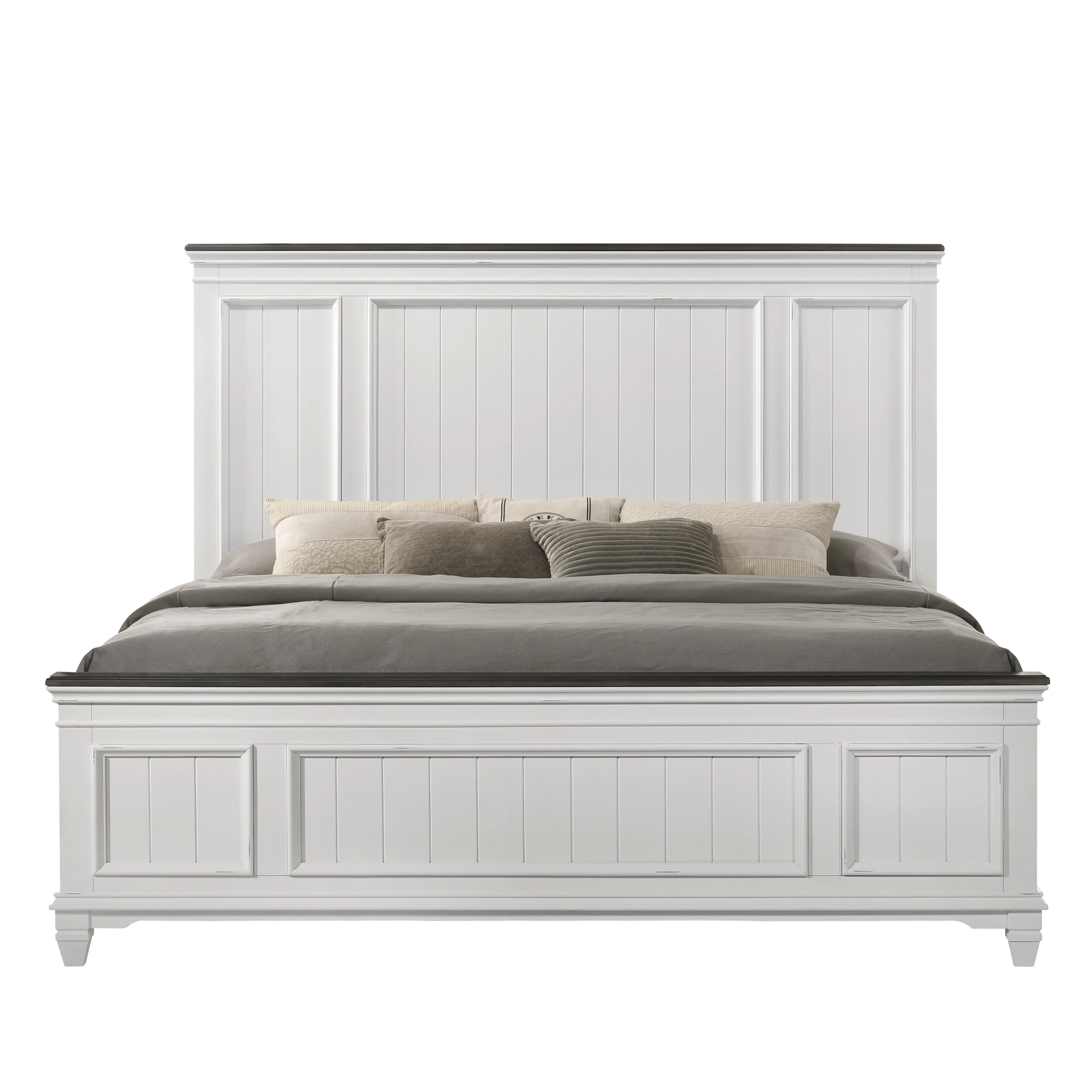 Roundhill Clelane Weathered White and Gray Finished 4-Piece Bedroom Set, Shiplap Panel King