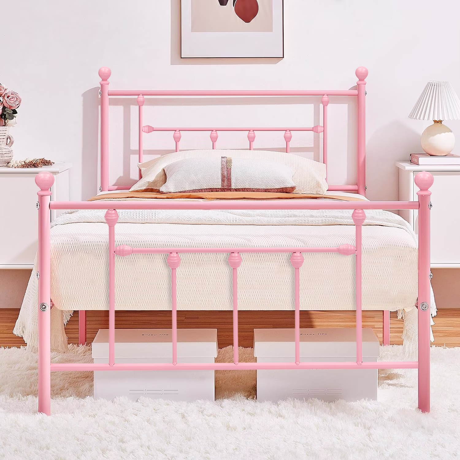 VECELO Twin Size Metal Bed Frame with Headboard and Footboard for Boys Girls, Kids, Adult Bedroom, No Box Spring Need, Pink