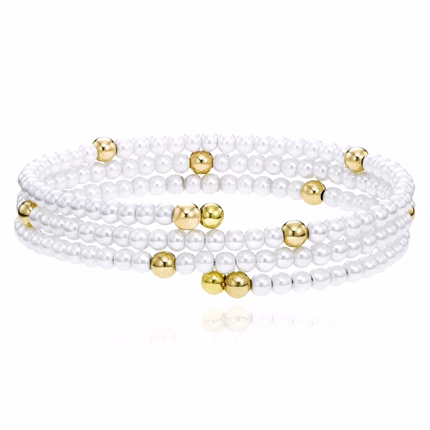14K Yellow Gold Natural Freshwater Pearl Layered Bead Coil Bangle Bracelet