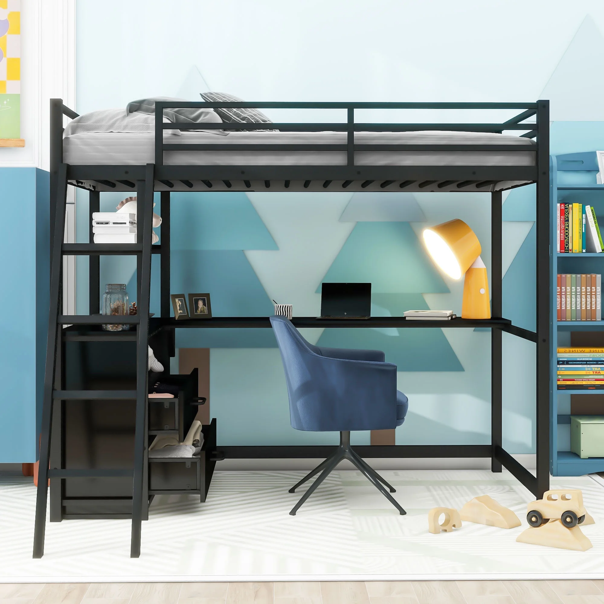 Nestfair Black Twin Size Metal Loft Bed with Desk, Shelves and 2 Drawers