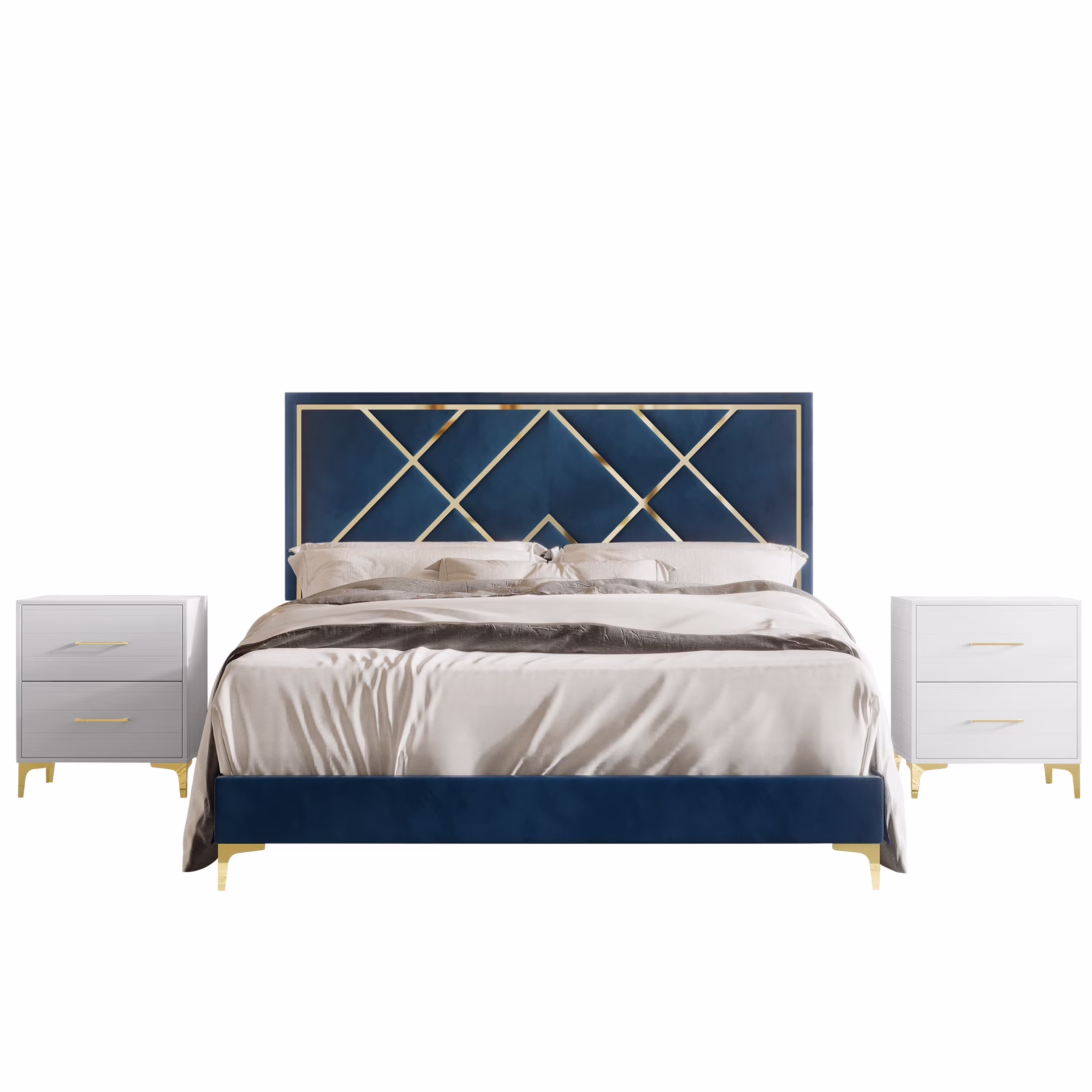 CraftPorch  3 Piece Bedroom Nightstands Set Velvet Upholstered Bed Navy Blue - Twin
