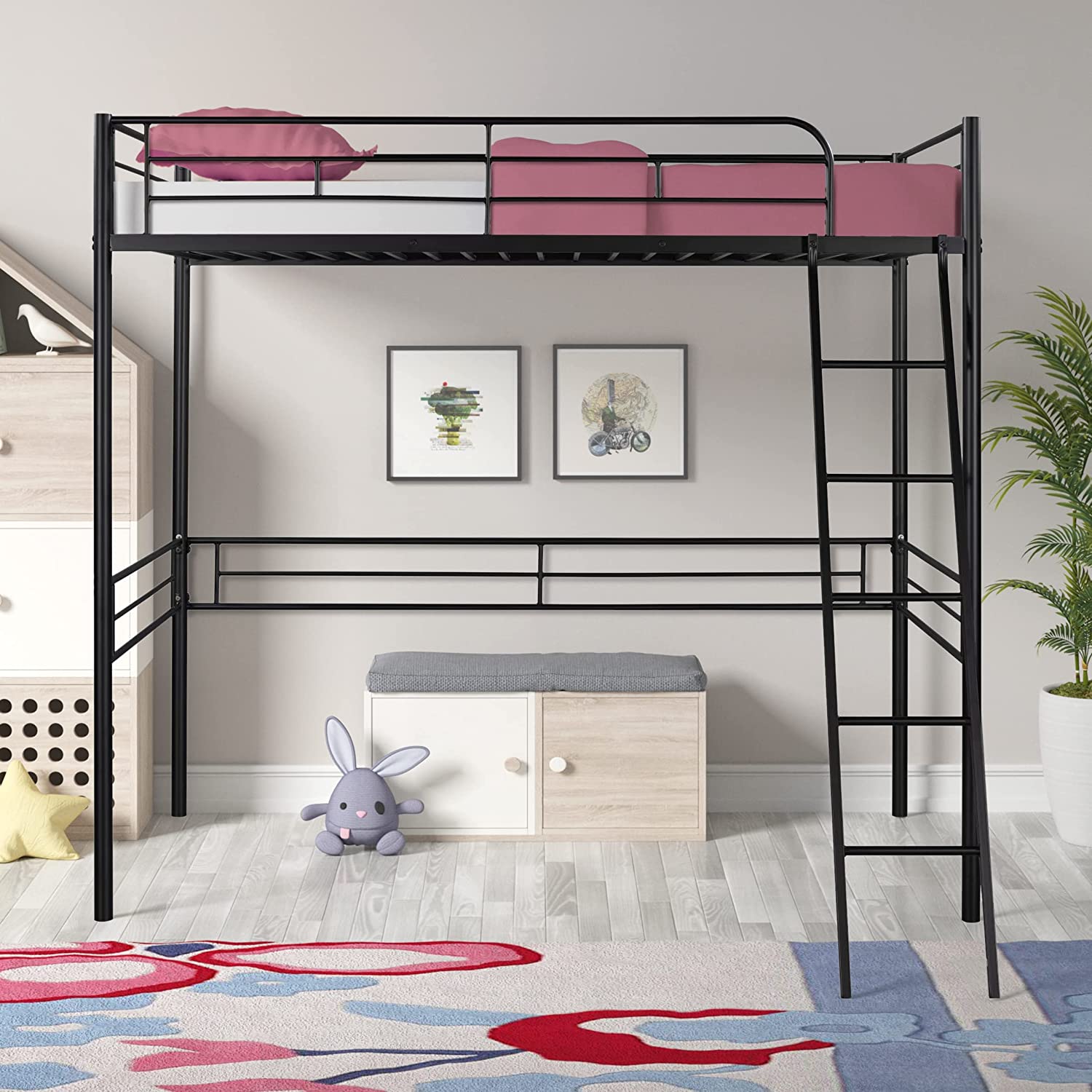 YGDU Sturdy Twin Size Metal Loft Bed with Built-in Ladder and Guardrails for Space-Saving Solution in Kids' and Teens' Rooms,Black