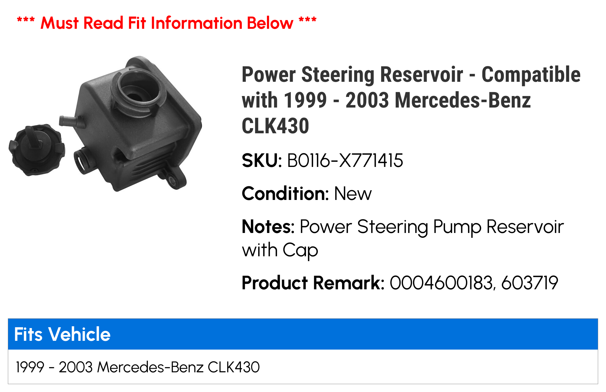 Power Steering Reservoir - Compatible with 1999 - 2003 Mercedes-Benz CLK430 2000 2001 2002