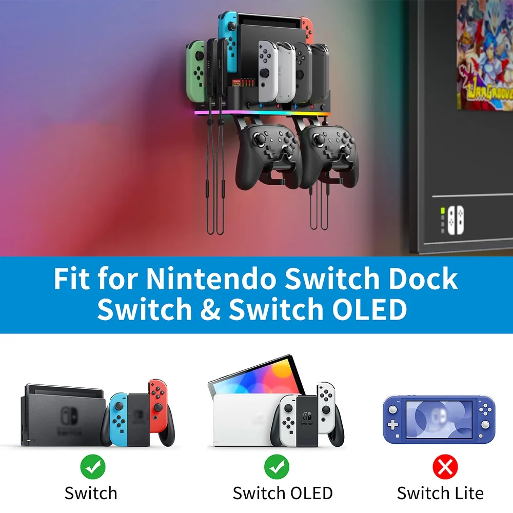 RGB Wall Mount for Switch with Joy-Con Charger, Holder for Switch / OLED with 15 Light Mode, 4 Controller Charger, 2 USB Port, 10 Card Slot-Black