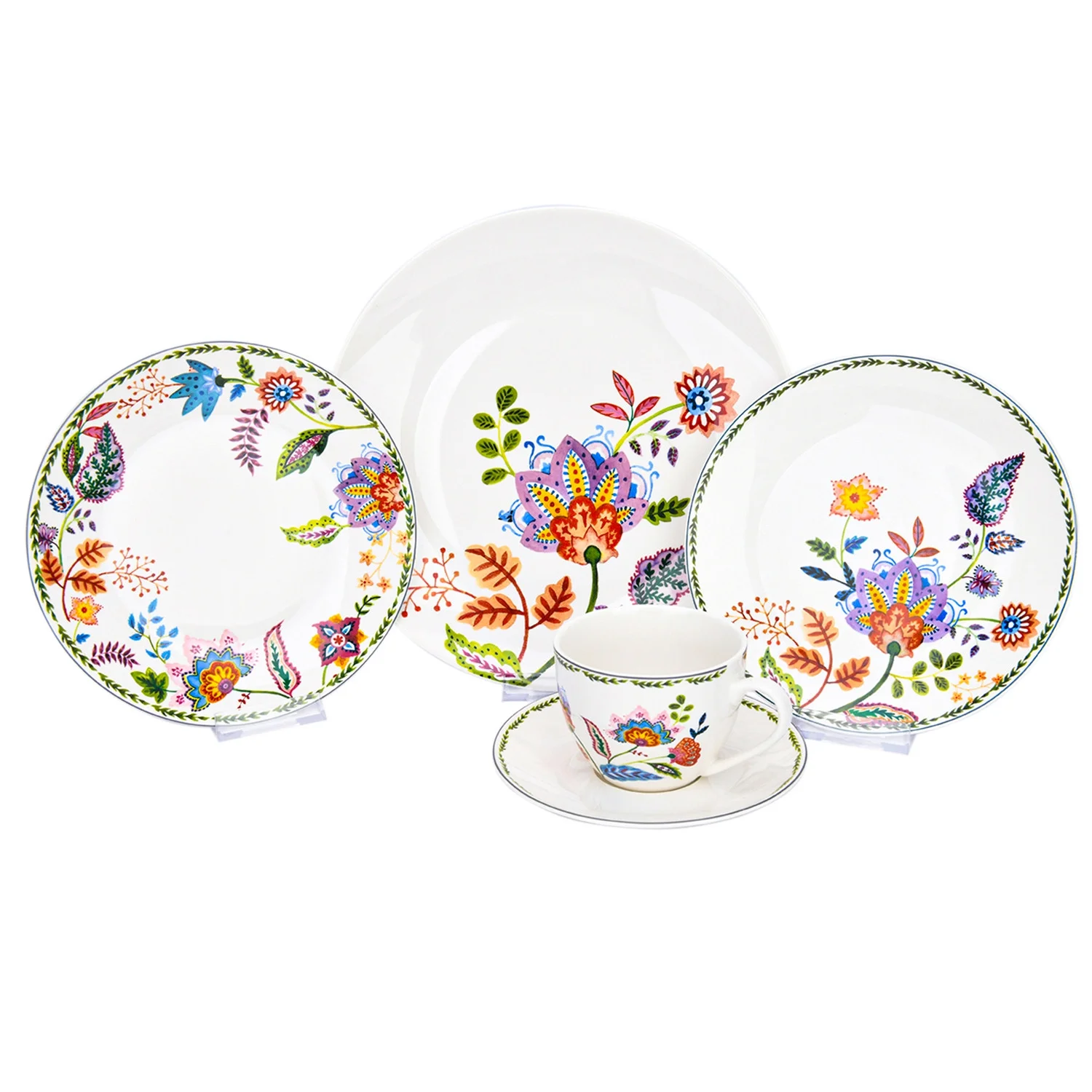 Flower Garden Dinnerware Set of 20 for 4 pers. Dinner Plates Dinner Bowls Dessert Plates Serving Bowls and Tea Cups with Saucer