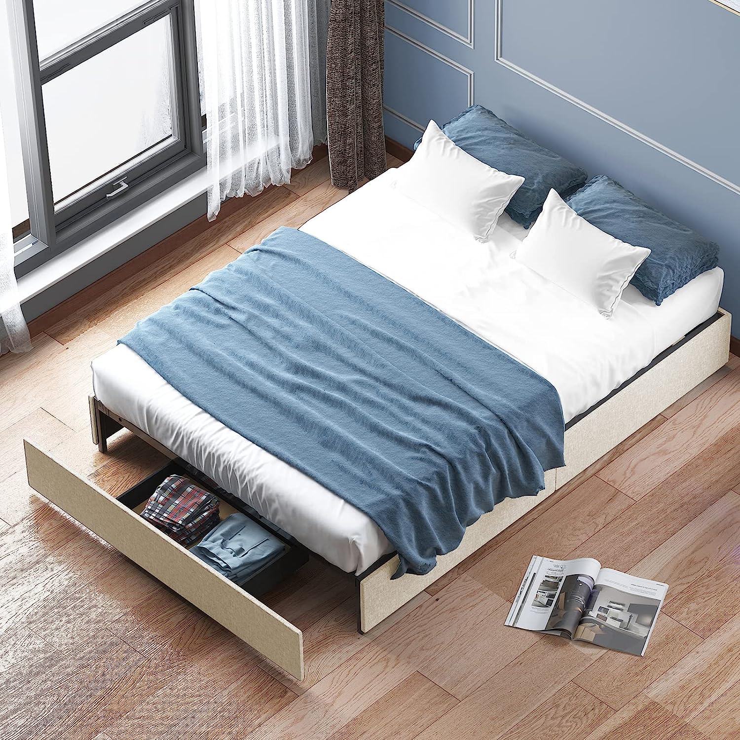 King Size Bed Frame with 2 Storage Drawers Cotton Linen Soft Fabric King Size Platform Bed Frame with Wood Slat Support No Box Spring Needed/Easy Assembly/Space Saving (Beige)