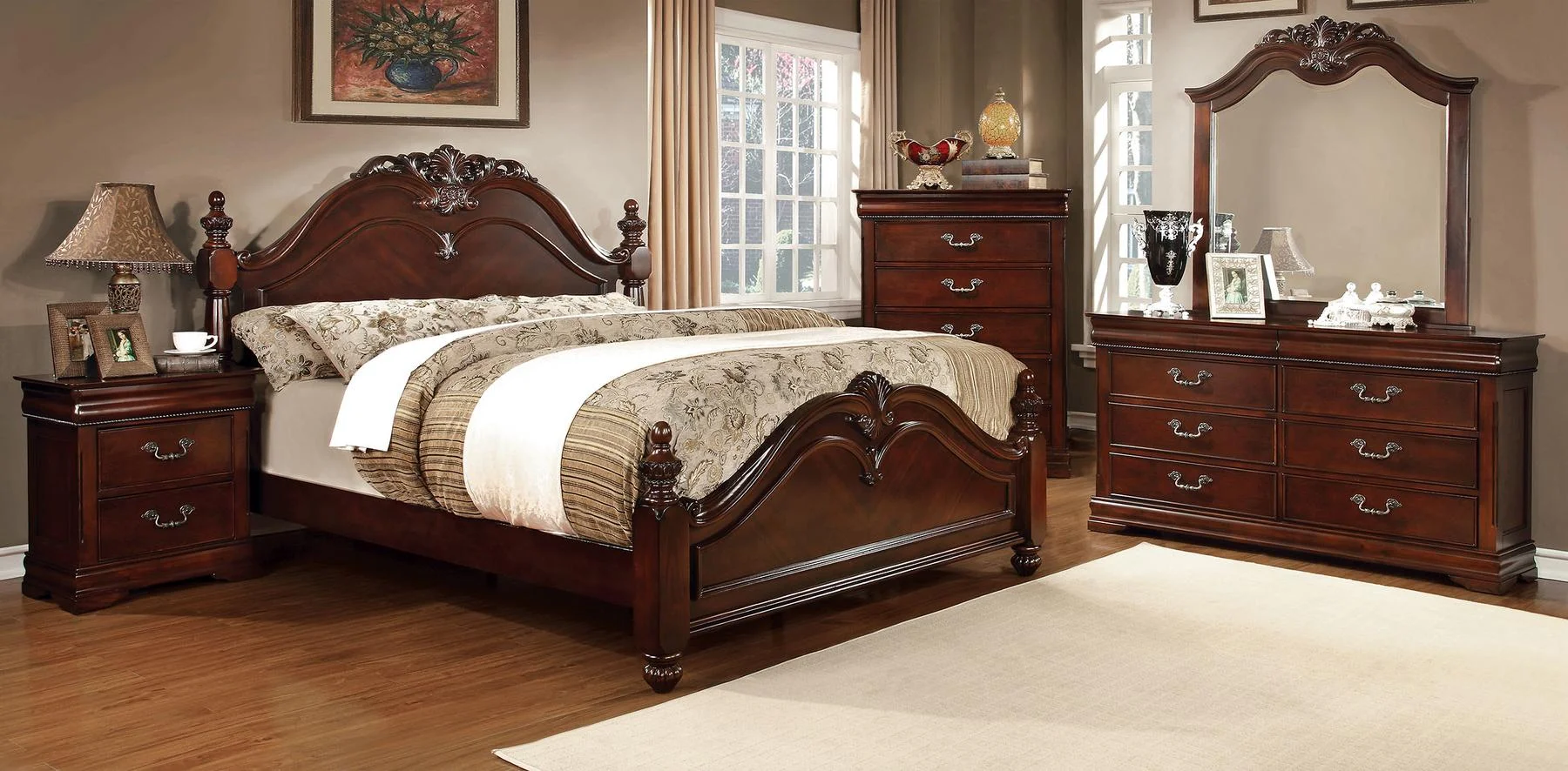 Traditional Cherry Solid Wood King Bedroom Set 5pcs FOA CM7260-EK Mandura