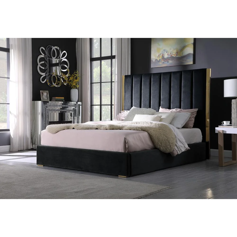 Jalen Black Velvet Queen Platform Bed with Gold Accents