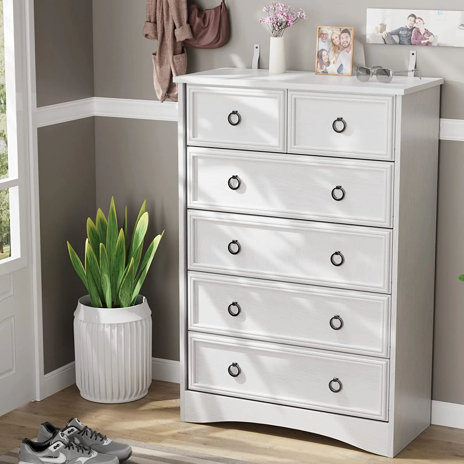 Jiekair 6 Drawer White Dresser, Modern Storage Cabinet for Bedroom, Vertical Chest of Drawers for Living Room