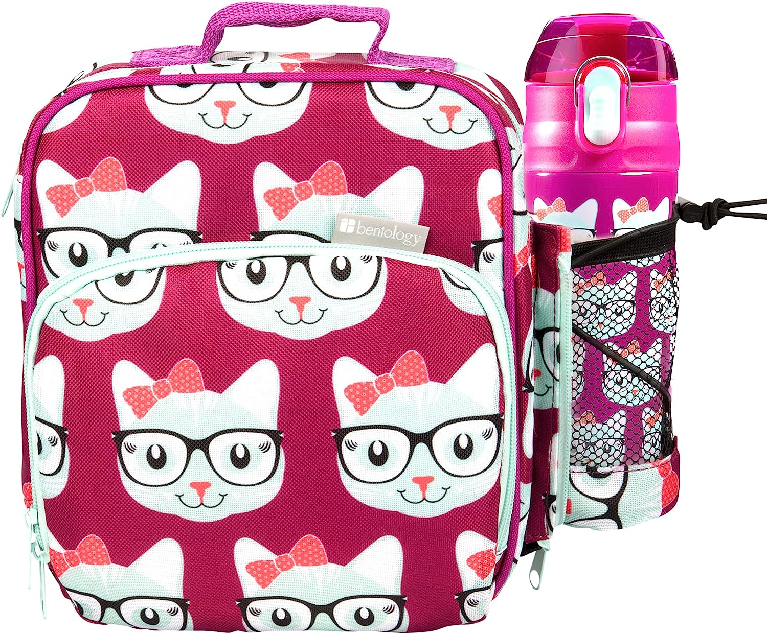 Bentology Kids Lunch Bag Set Pink Kitty- Thick Padded Handle, Insulated Tote, Reusable Hard Ice Pack & Insulated Stainless Steel Water Bottle- Keeps Lunch Fresh Longer, Back to School Lunchbox Kits