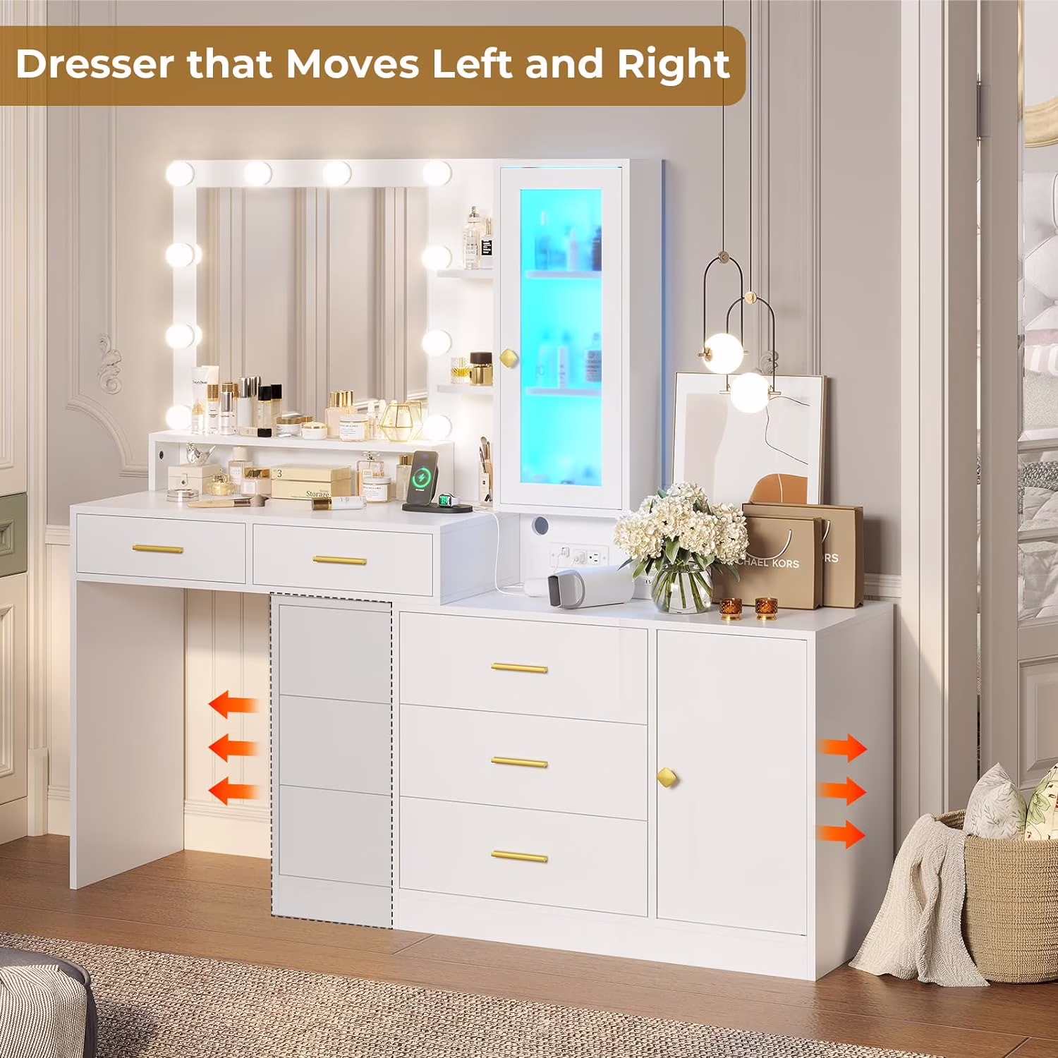 White Vanity with Mirror and Lights for Women Girls,Makeup Vanity Table with Charging Station&Drawers&Shelves