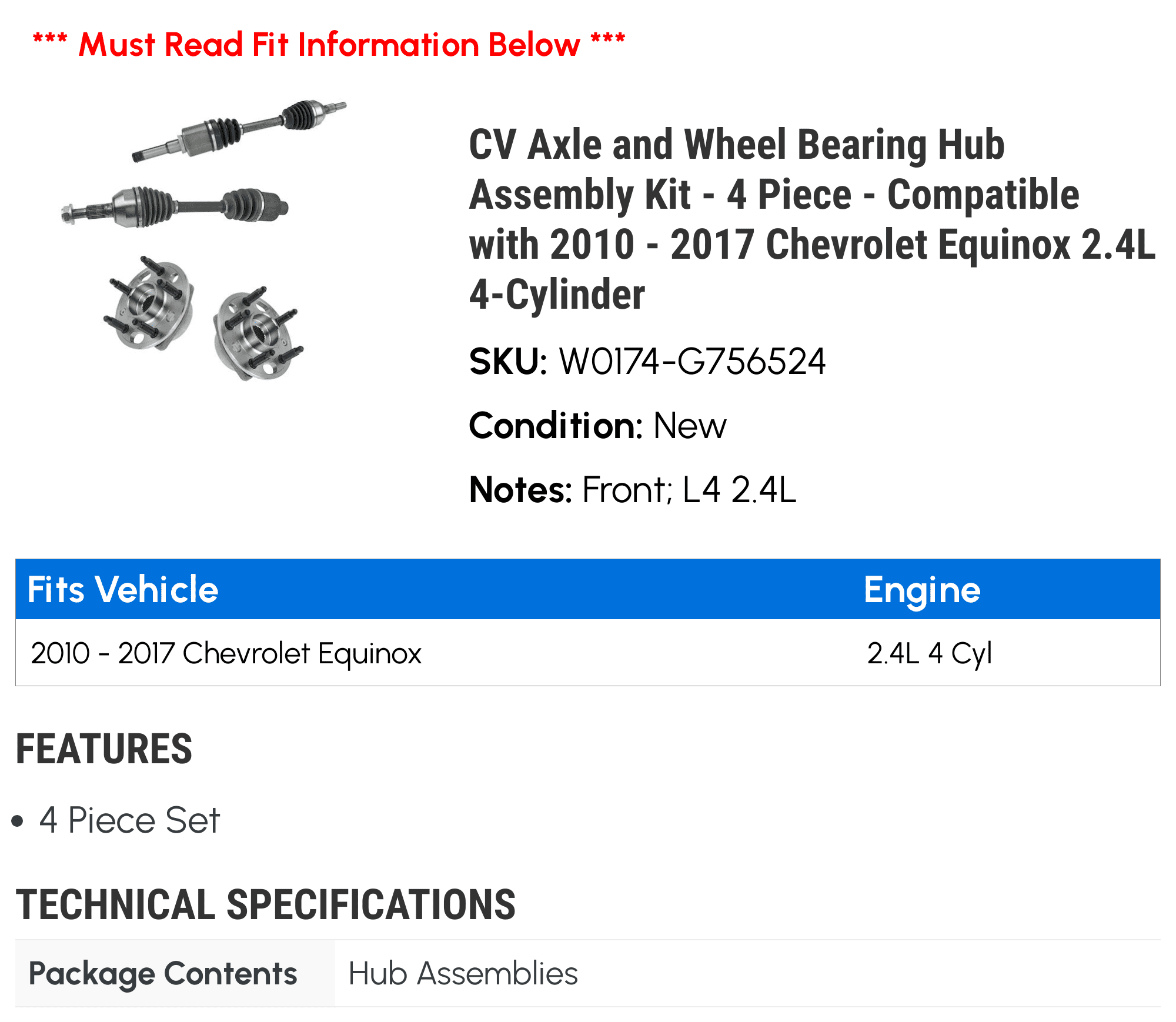 CV Axle and Wheel Bearing Hub Assembly Kit - 4 Piece - Compatible with 2010 - 2017 Chevy Equinox 2.4L 4-Cylinder 2011 2012 2013 2014 2015 2016