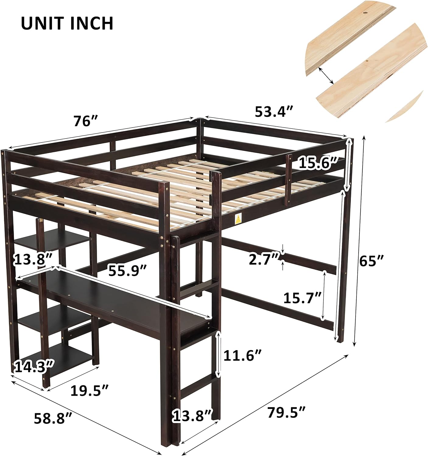 Full Size Loft Bed Frame With Desk, Solid Pine Wooden Loft Bed Full With Storage Shelf, Full Size Loft Bed For Boys, Girls, Kids, Teens, No Box Spring Needed (Espresso)