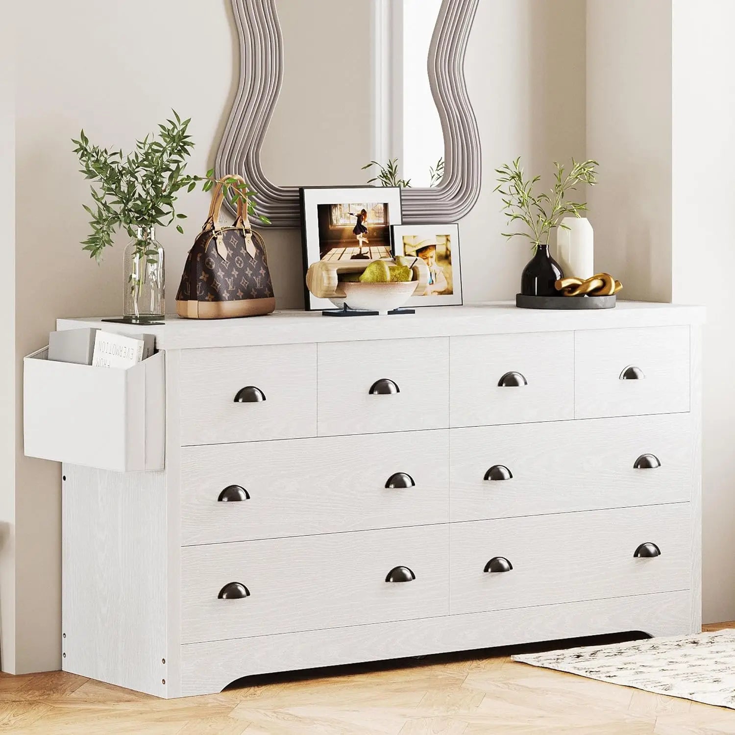 LIKIMIO Dresser 8 Drawer, Modern Wood Bedroom Dresser with With Charging Station and Storage Bag, Storage Chest of Drawers