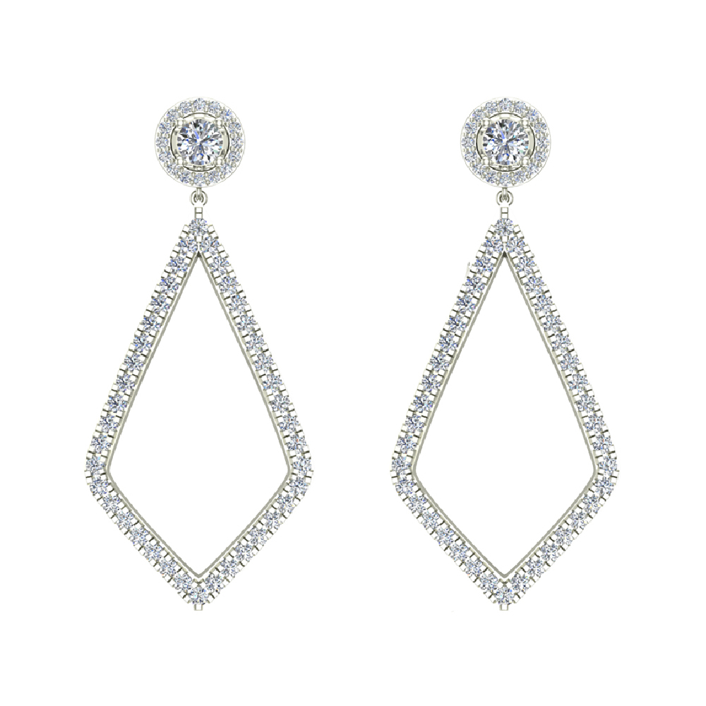 14K White Gold Diamond Dangling Earrings Kite Shape Halo Studs Screw Back ( G , SI )