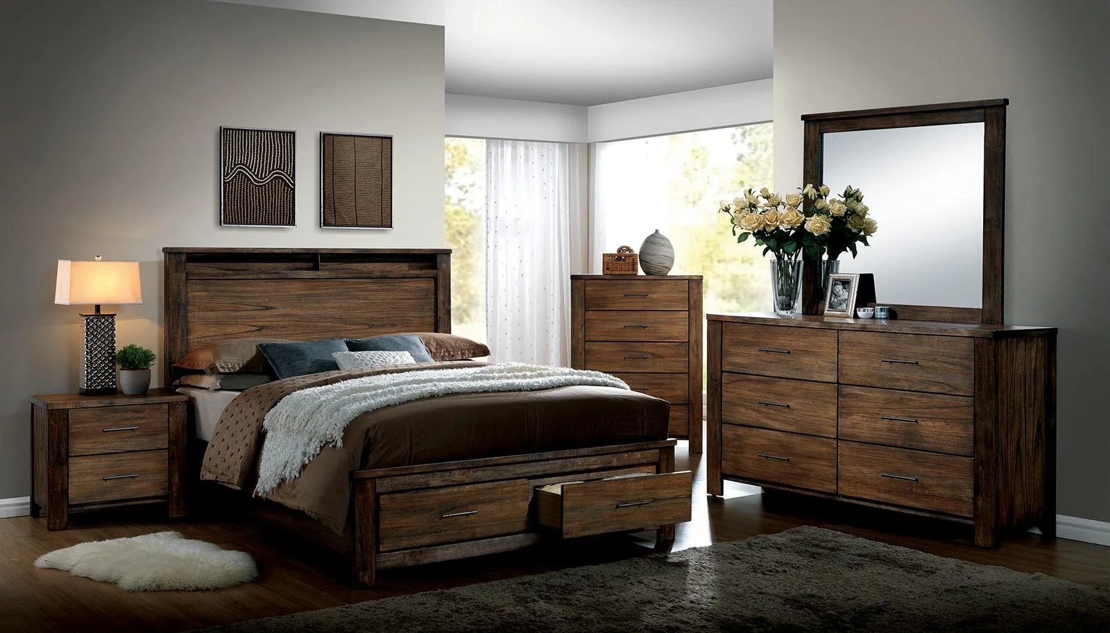 Cottage Oak Solid Wood King Bedroom Set 6pcs FOA CM7072-EK Elkton