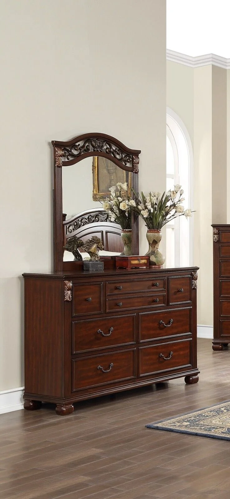 Royal Gorgeous Traditional Est King Size Bed Dresser Mirror Chest Wooden Brown Finish 4p Set Bedroom Furniture