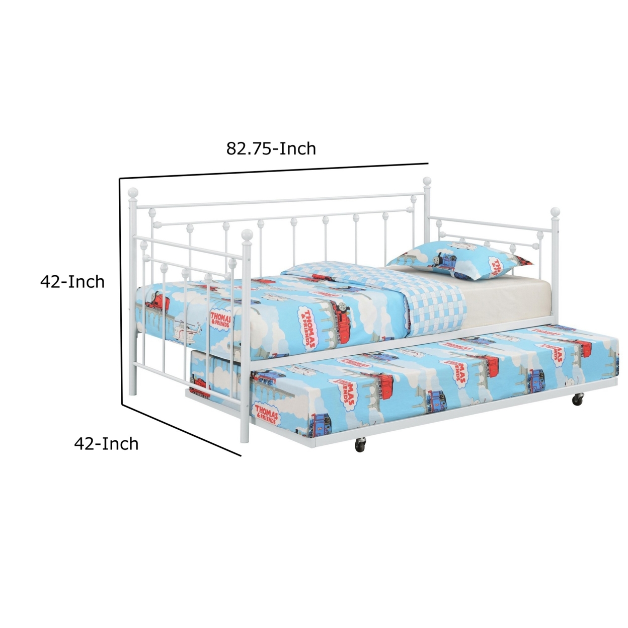Olly Modern Daybed, Heavy Steel Metal Frame, Pull Out Trundle Bed, White