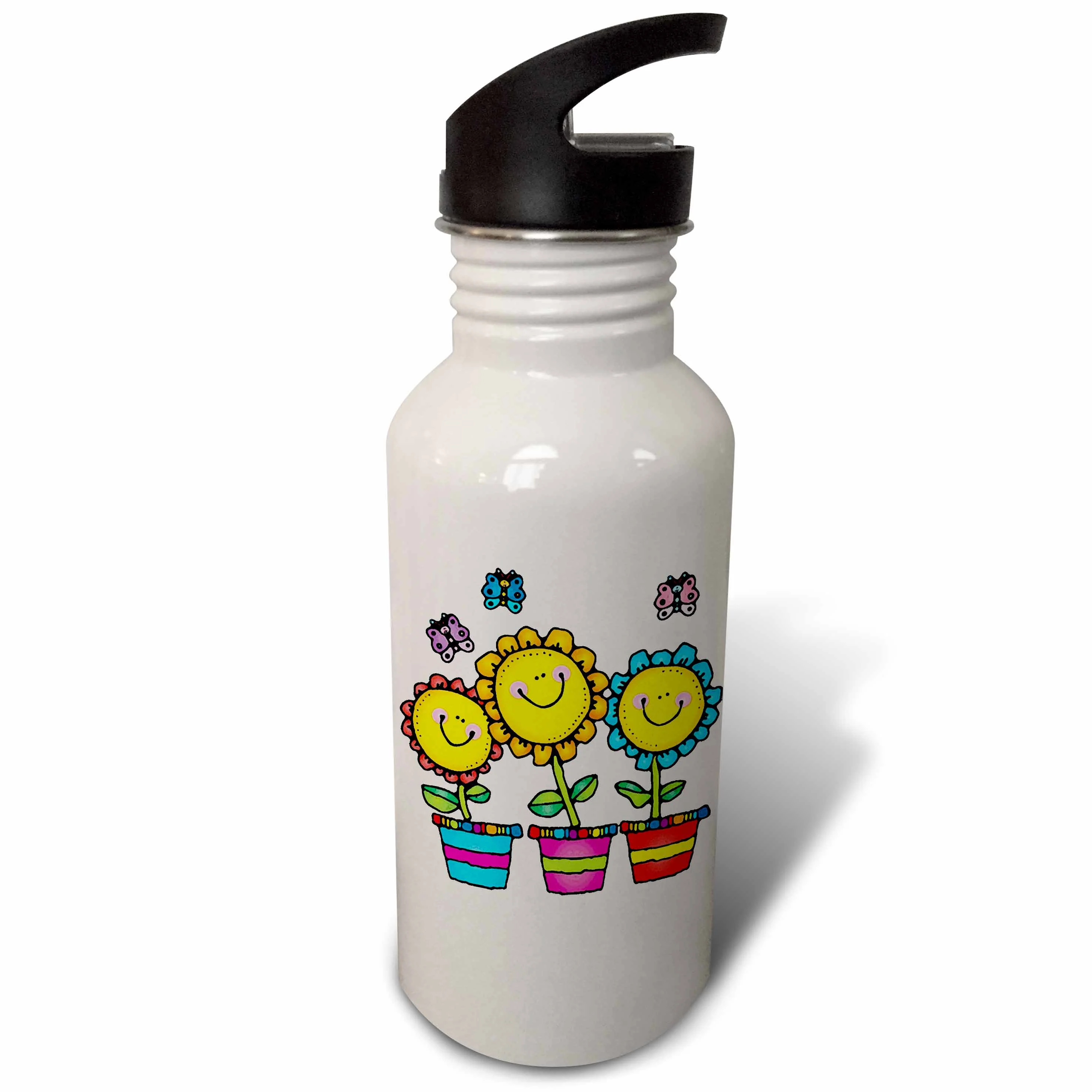 Three very happy cartoon sunflowers and butterflies 21 oz Sports Water Bottle wb-128855-1
