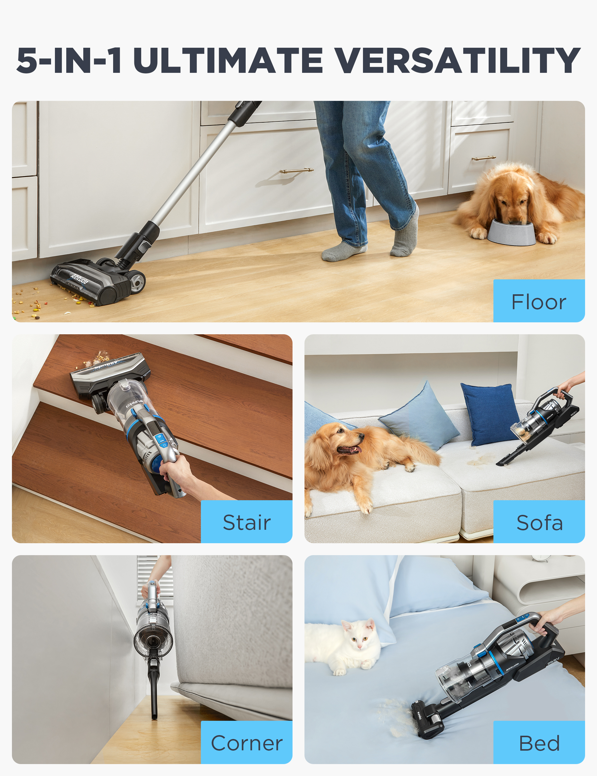 Eureka Cordless Vacuum Cleaner,  5 in 1 Stick Vacuum for Home Pet Hair Carpet Hardfloor, 450W Powerful Suction, Air Filter System, LED Headlights, 60 Mins Runtime, Ideal for Pet Family