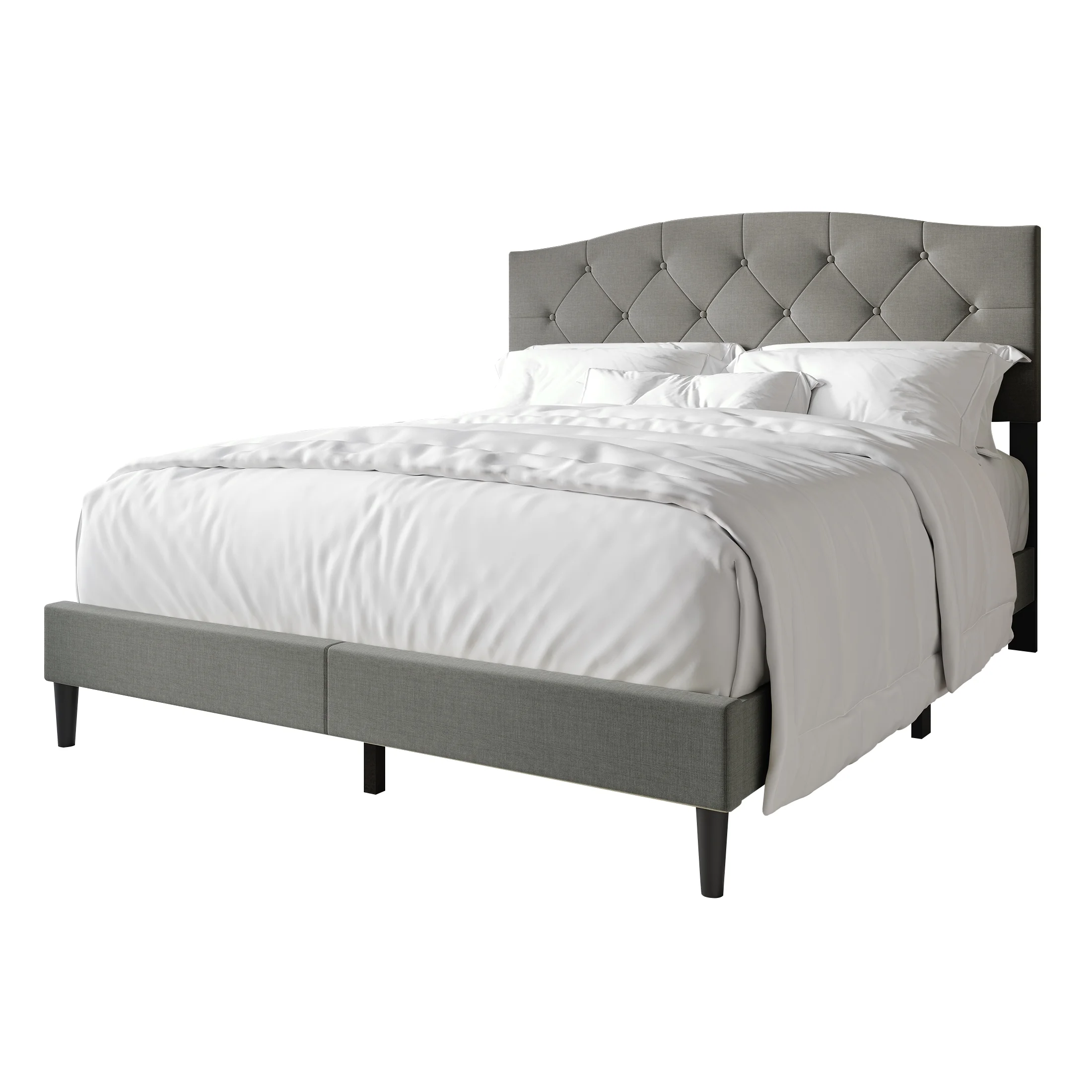 Castle Place Button Tufted Linen Upholstered Platform Bed, Light Grey, Queen