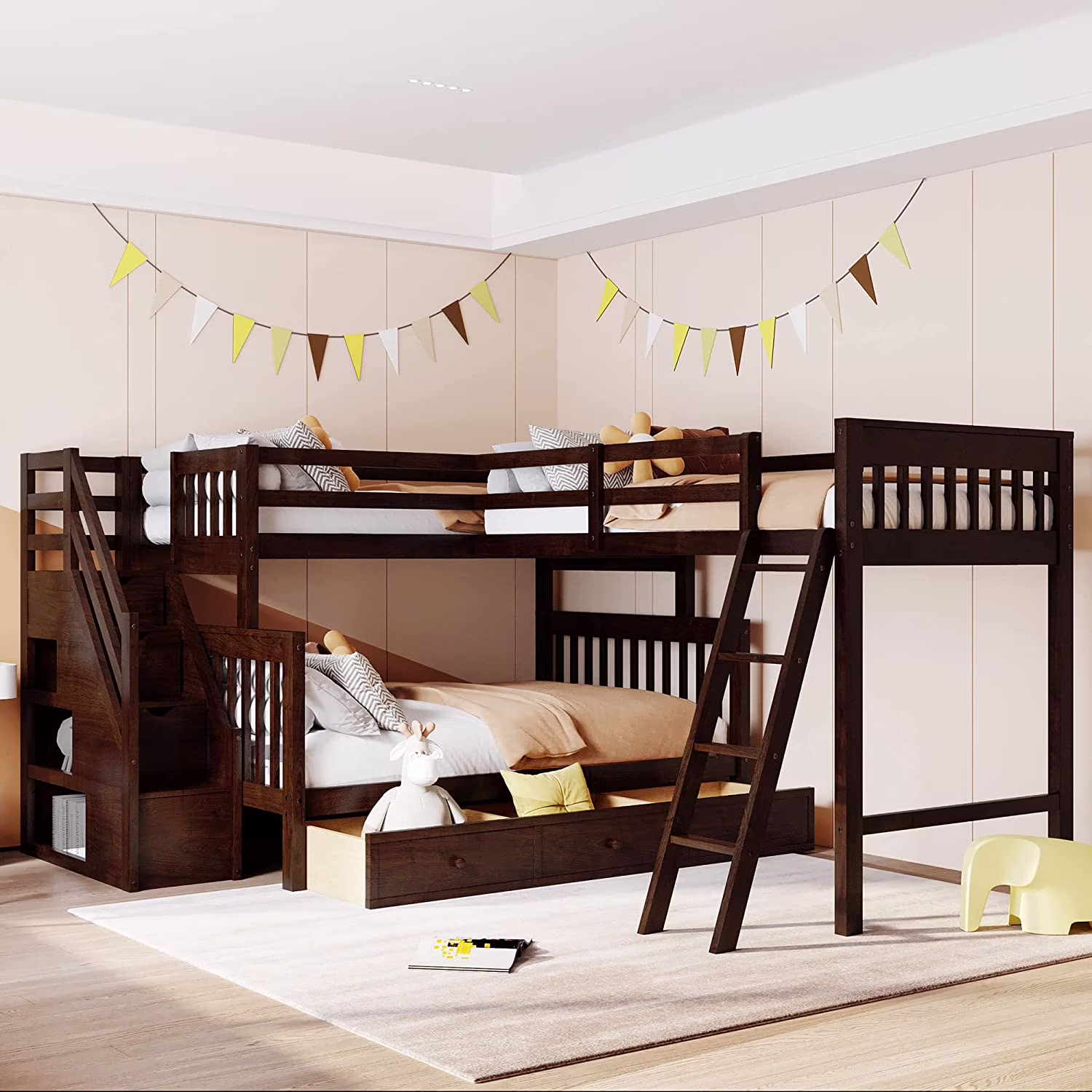 L Shaped Bunk Bed For 3, Triple Bunk Bed With 3 Drawers And Storage Stairs, Over Full Bunk Bed & Size Loft Bed, Wood Corner Beds For Kids, Teens, Adults. No Box Spring Needed(Espresso)