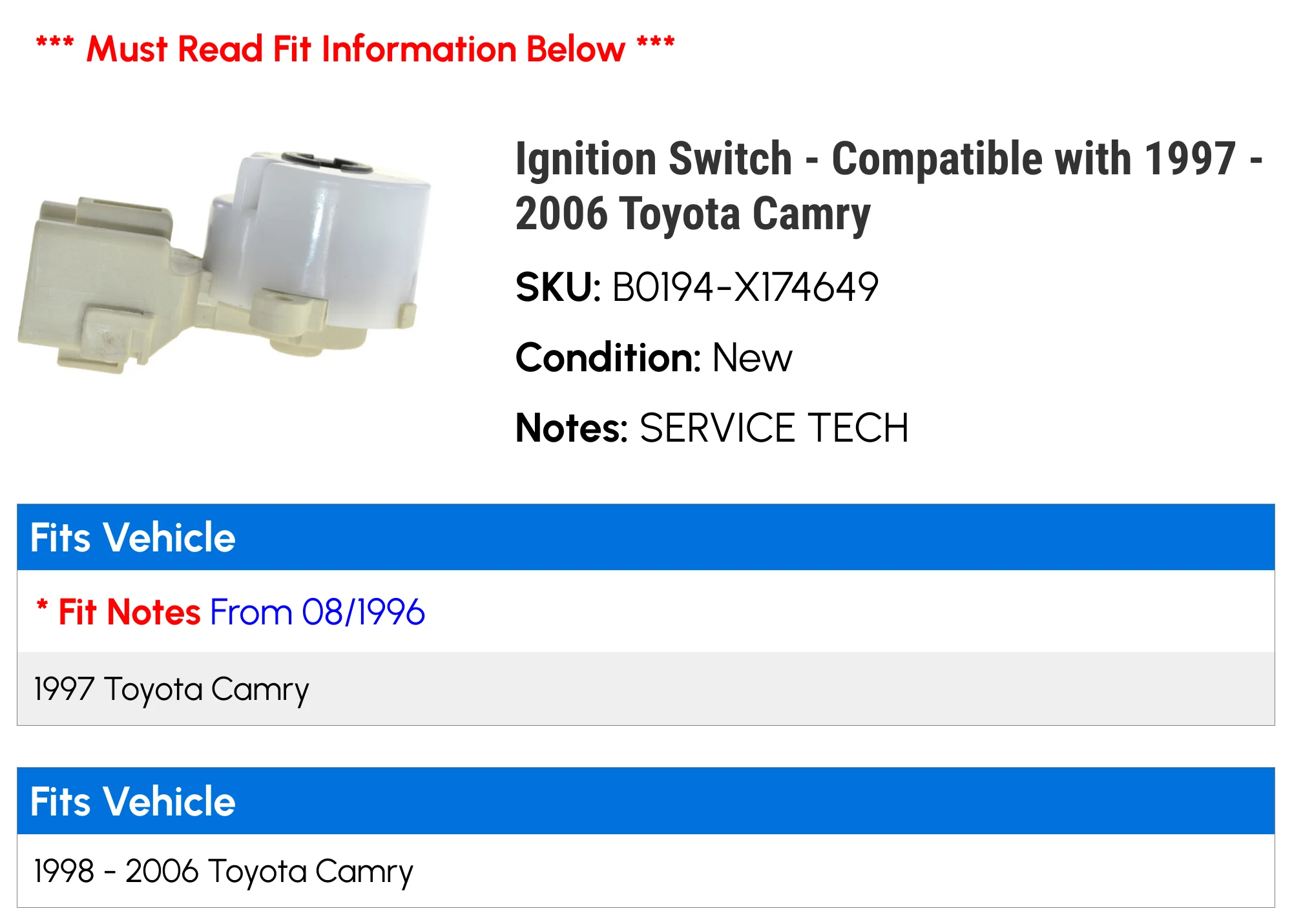 Ignition Switch - Compatible with 1997 - 2006 Toyota Camry 1998 1999 2000 2001 2002 2003 2004 2005