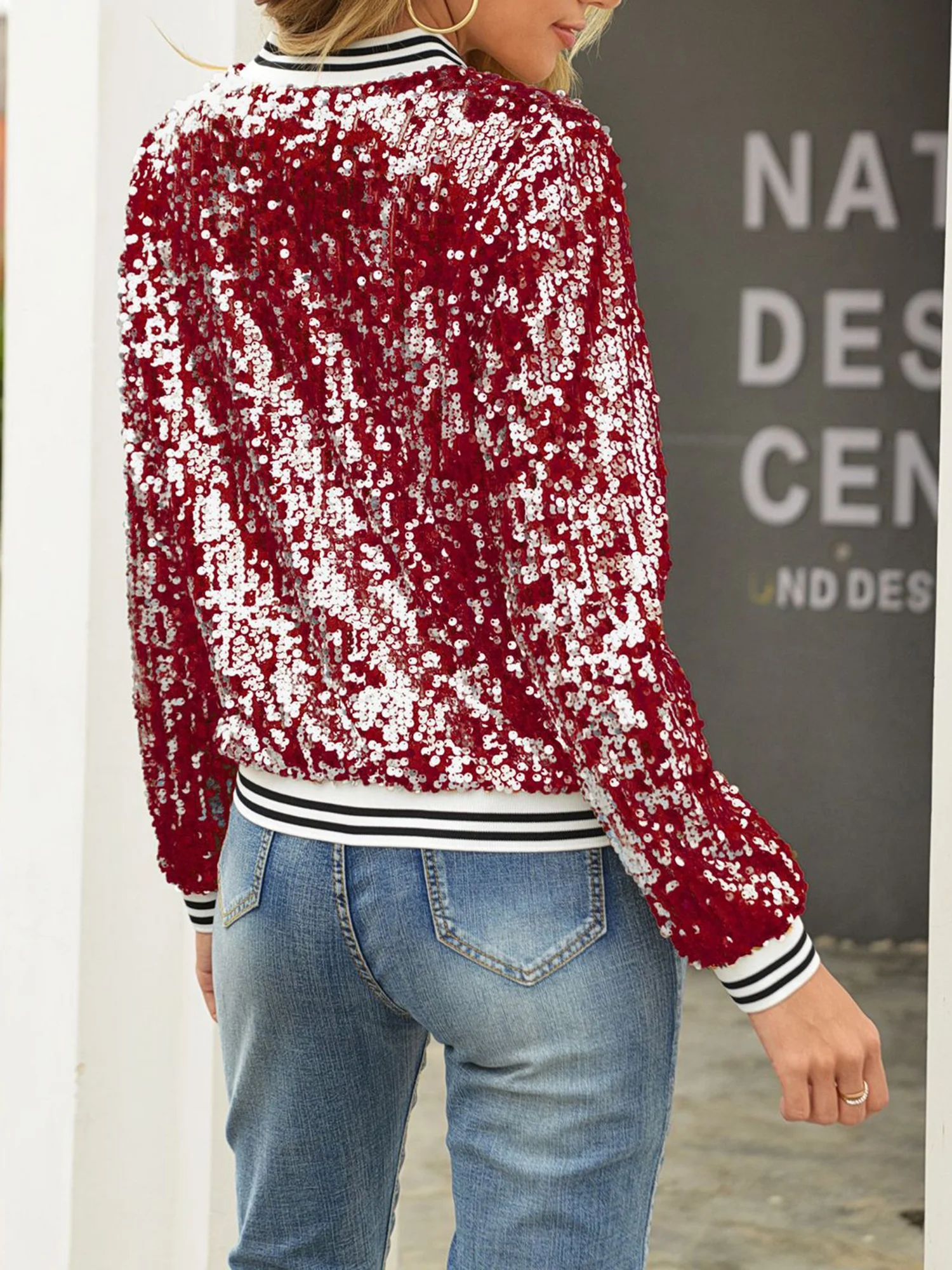 Women Zip up Jacket Shiny Sequins Lightweight Long Sleeve Cardigan