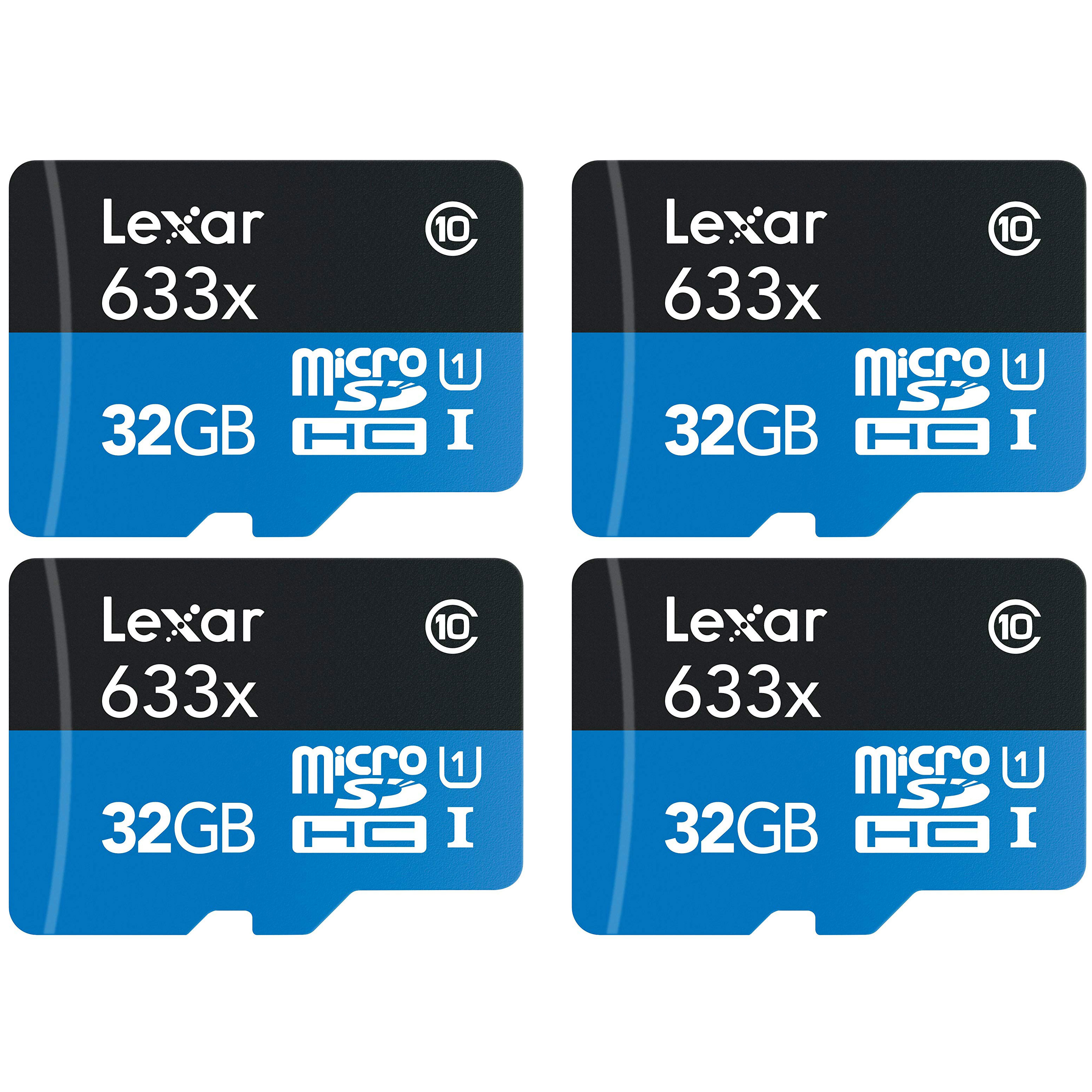 Lexar Pack of 4 High-Performance 633x 32GB (128GB Total) MicroSDHC UHS-I Memory Cards with SD Adapter LSDMI32GBBNL633A Bundle w/ Deco Gear SD Reader & Storage Case + Microfiber Cloth & Accessories