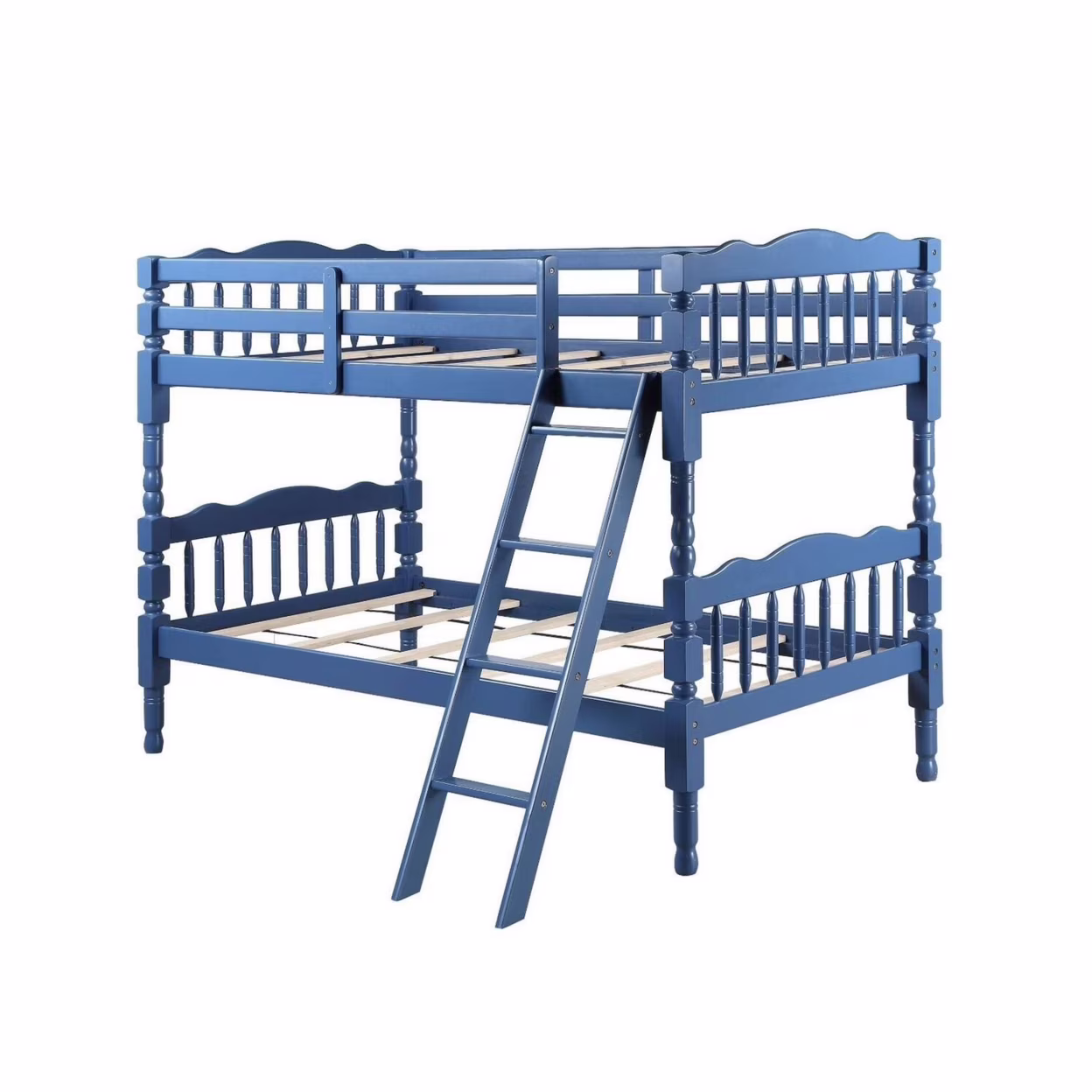 Alice Classic Twin Bunk Bed with Ladder, Guard Rail, Carved Legs, Blue- Saltoro Sherpi