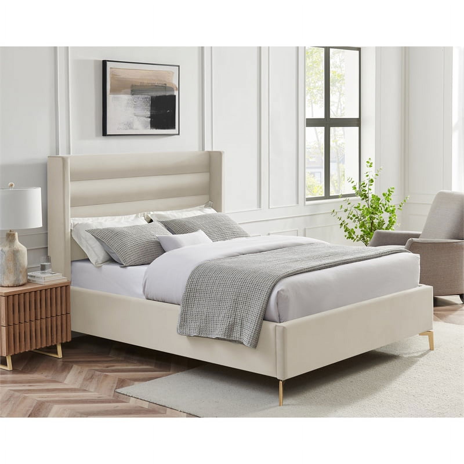 Posh Living Kaeson Upholstered Velvet & Wood Queen Platform Bed in Cream White