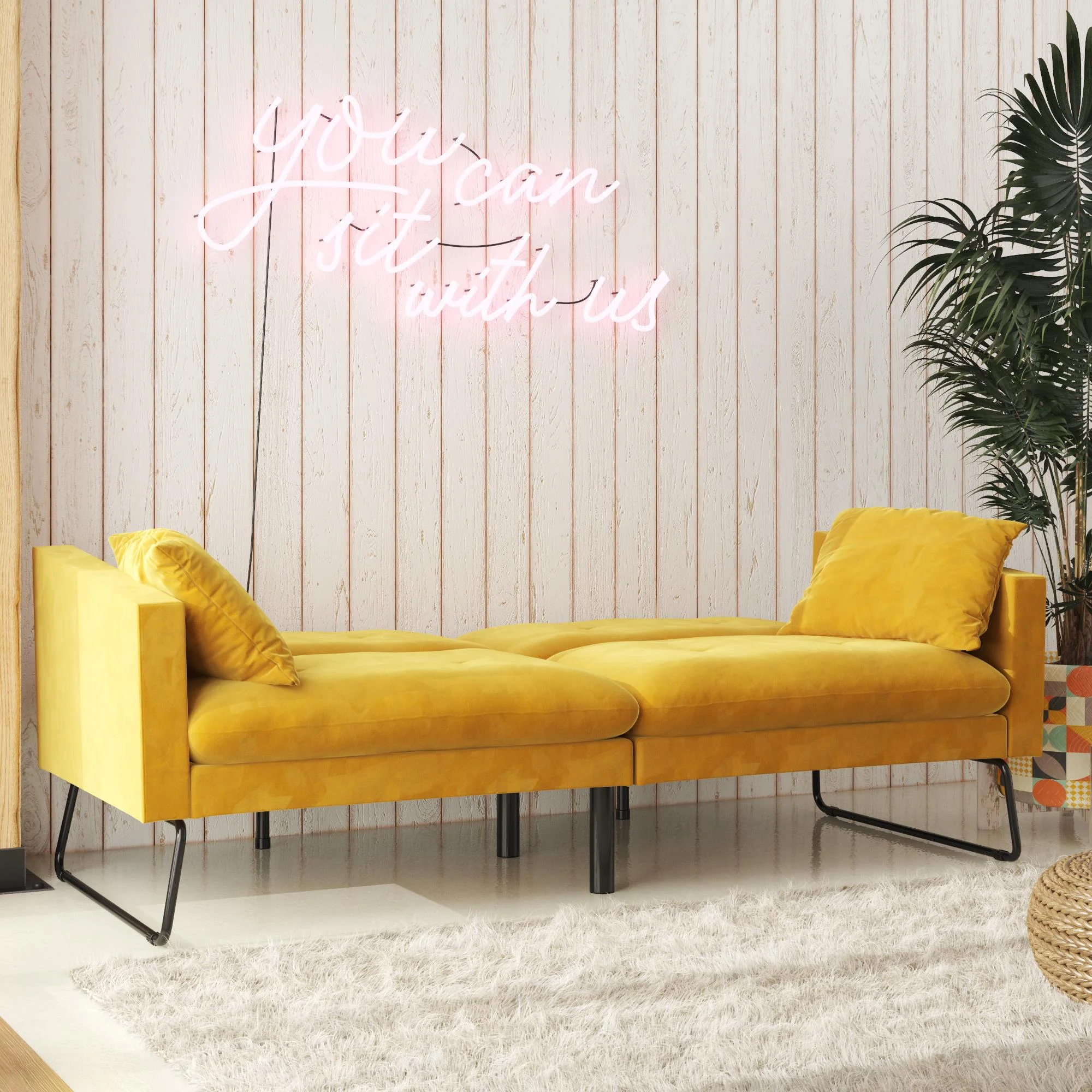 Mr. Kate Neely Futon with Bolster Pillows, Mustard Velvet