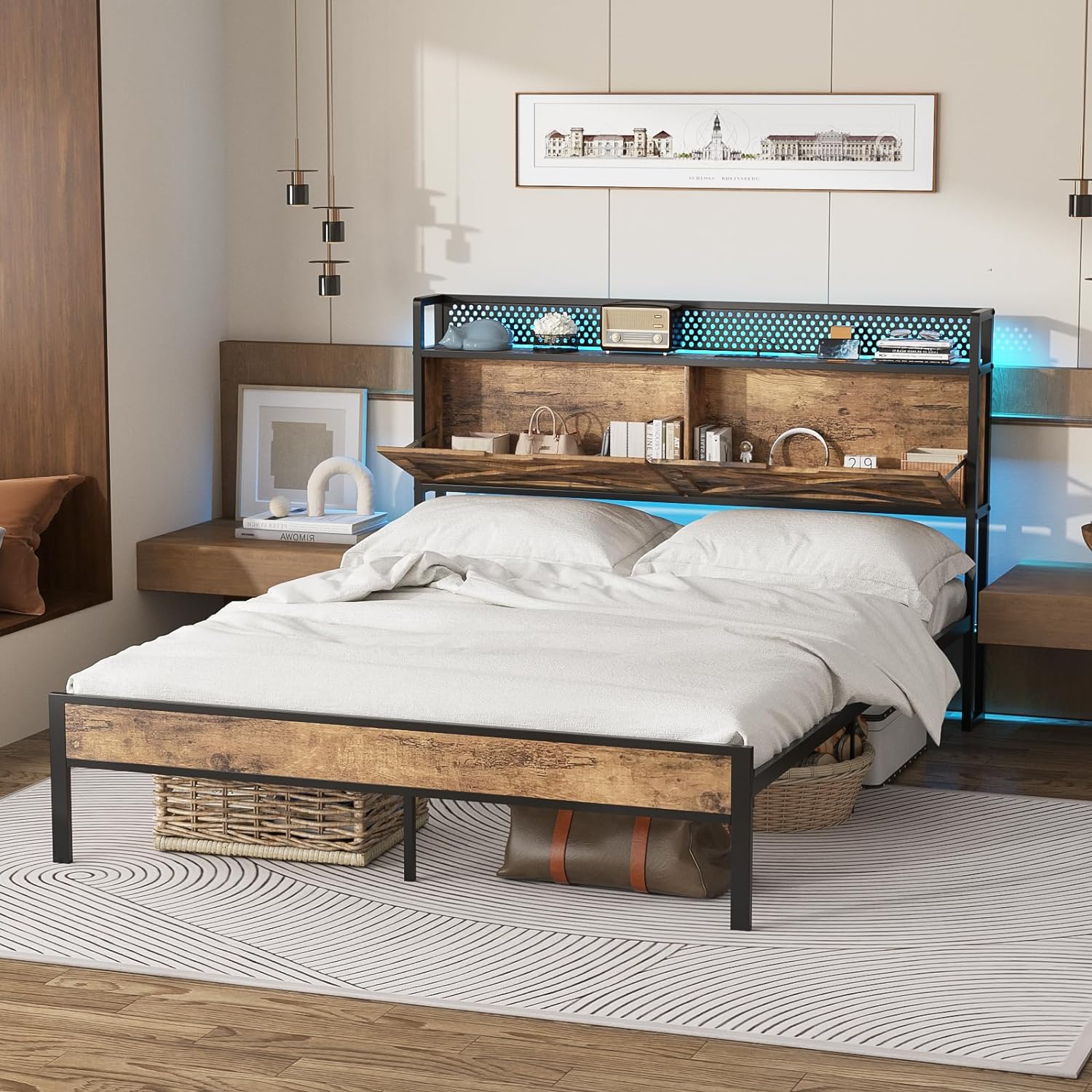 Queen Size LED Bed Frame with Storage Headboard, Platform Metal Farmhouse Bed with Charging Station, 2 Hidden Shelves, Free, Vintage Brown