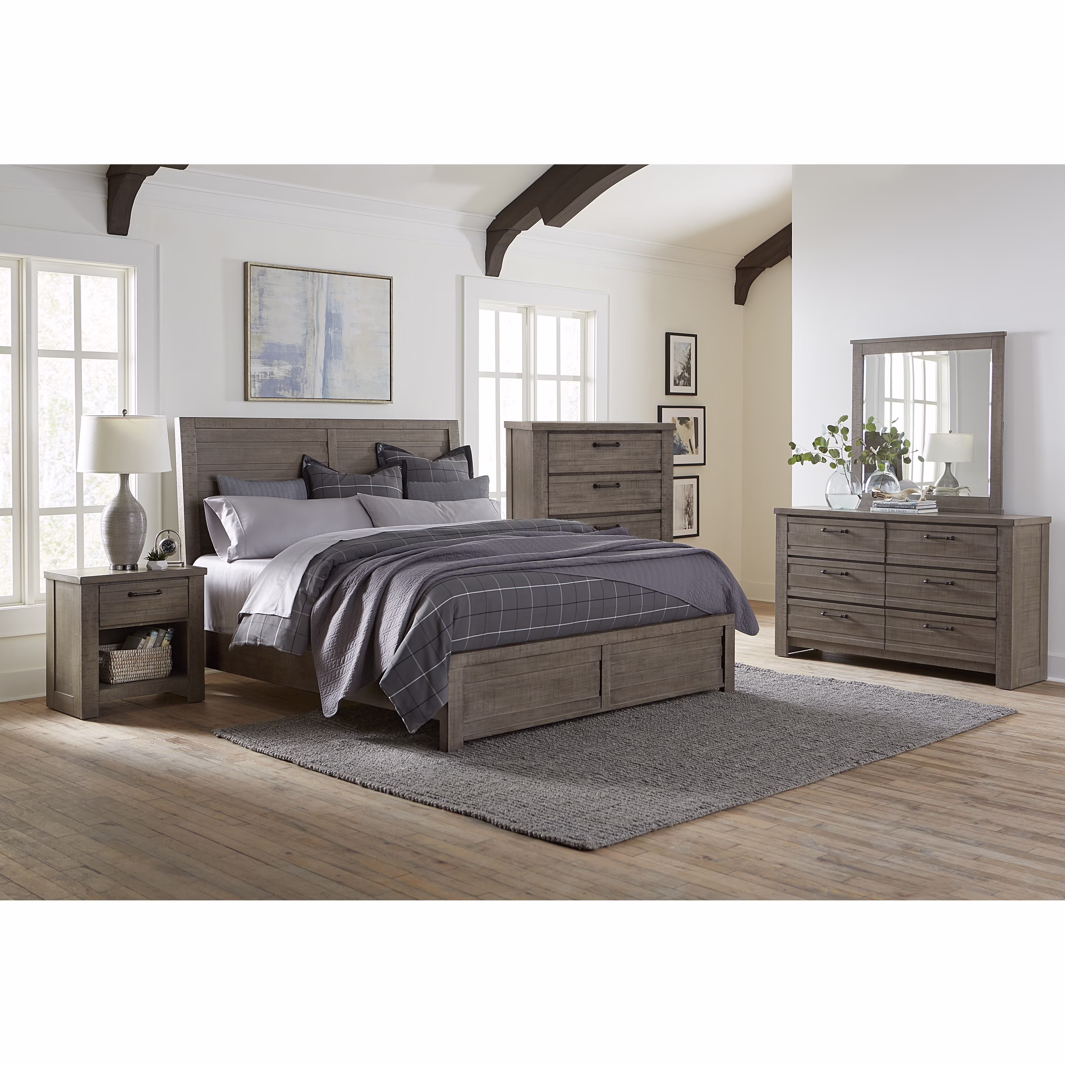 Sedona Transitional Medium Gray Wood Panel Queen Bed with Dresser, Mirror, Nightstand, Chest