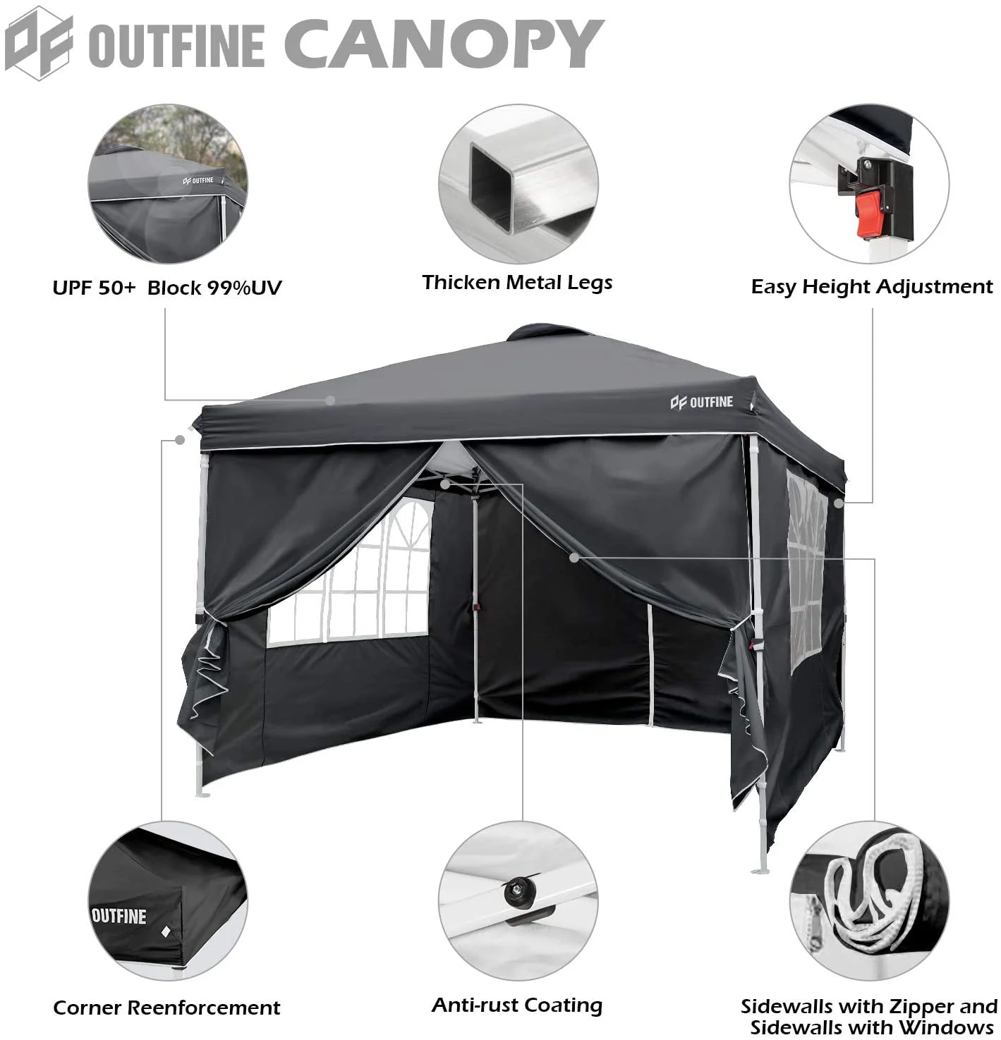 KEERDAO Canopy 10'x10' Pop Up Commercial Instant Gazebo Tent, Fully Waterproof, Outdoor Party Canopies with 4 Removable Sidewalls, Stakes x8, Ropes x4 (Black, 10 * 10FT)