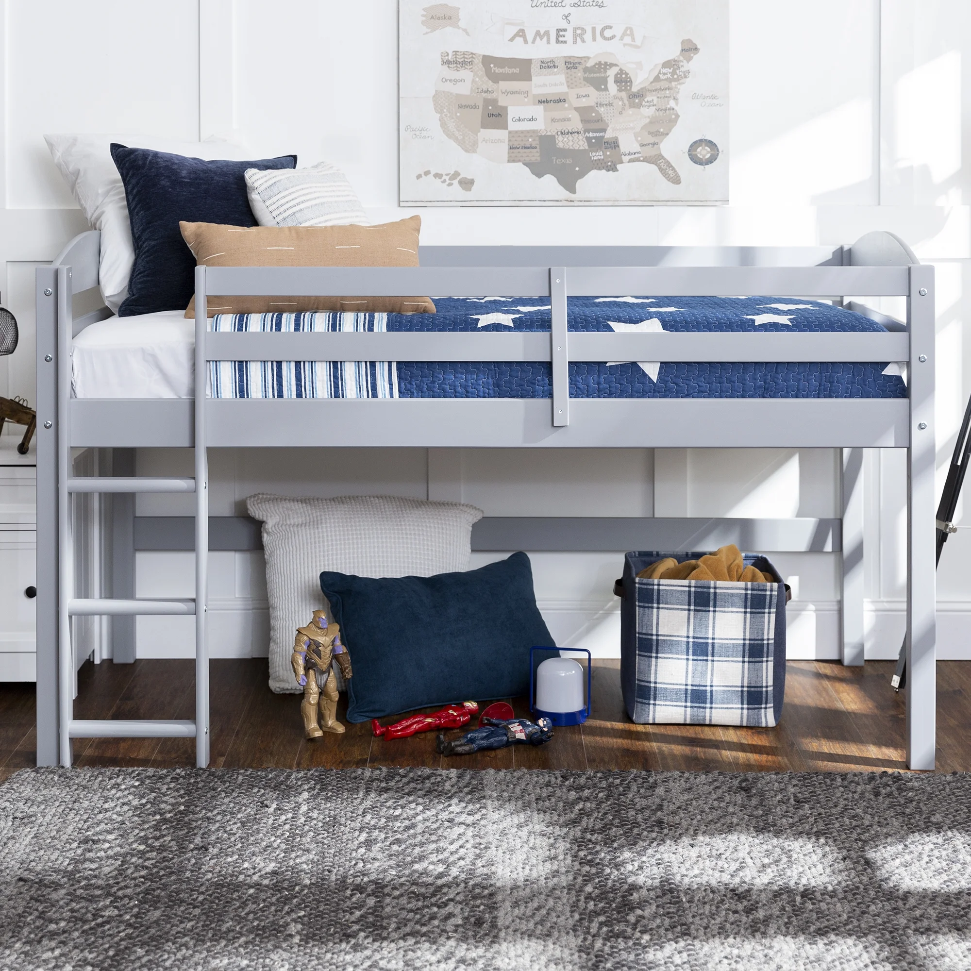 Manor Park Solid Wood Junior Twin Low Loft Bed, Grey