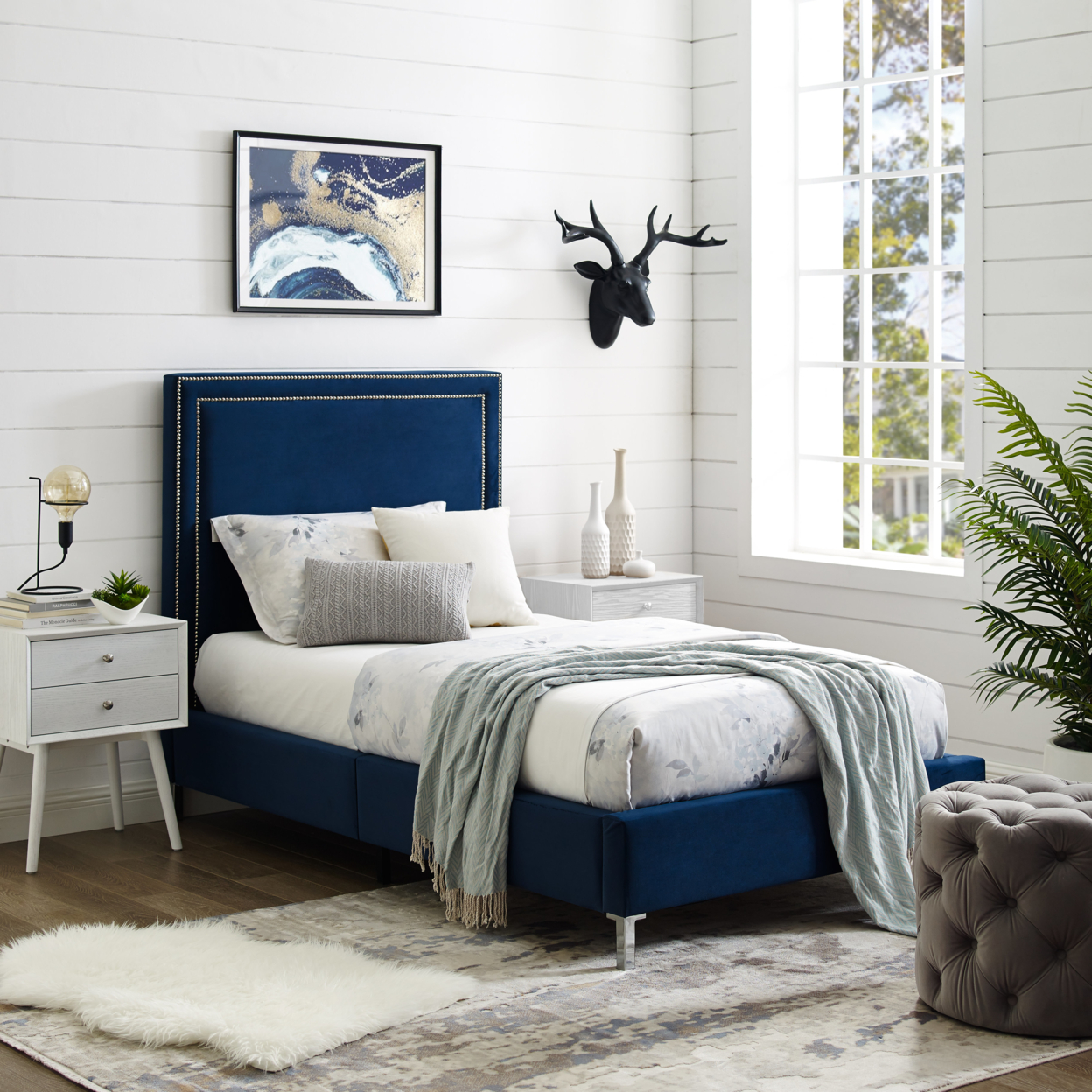 Valentina Velvet Platform Bedframe-Nailhead Trim-King- Queen- Full- Twin Size-Inspired Home