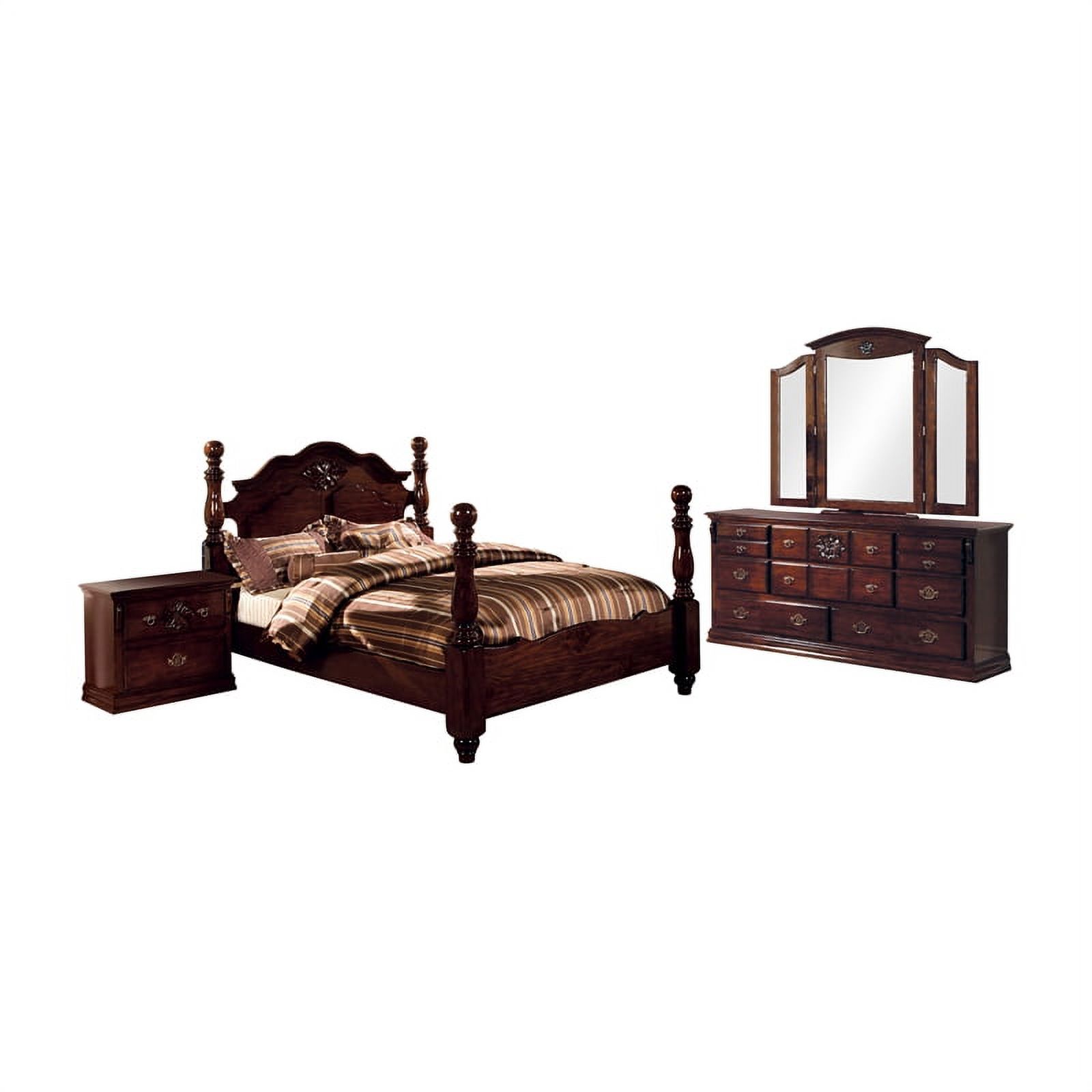 FOA Hemps 4pc Dark Brown Pine Wood Bed Set - Cal King+Nightstand+Dresser+Mirror
